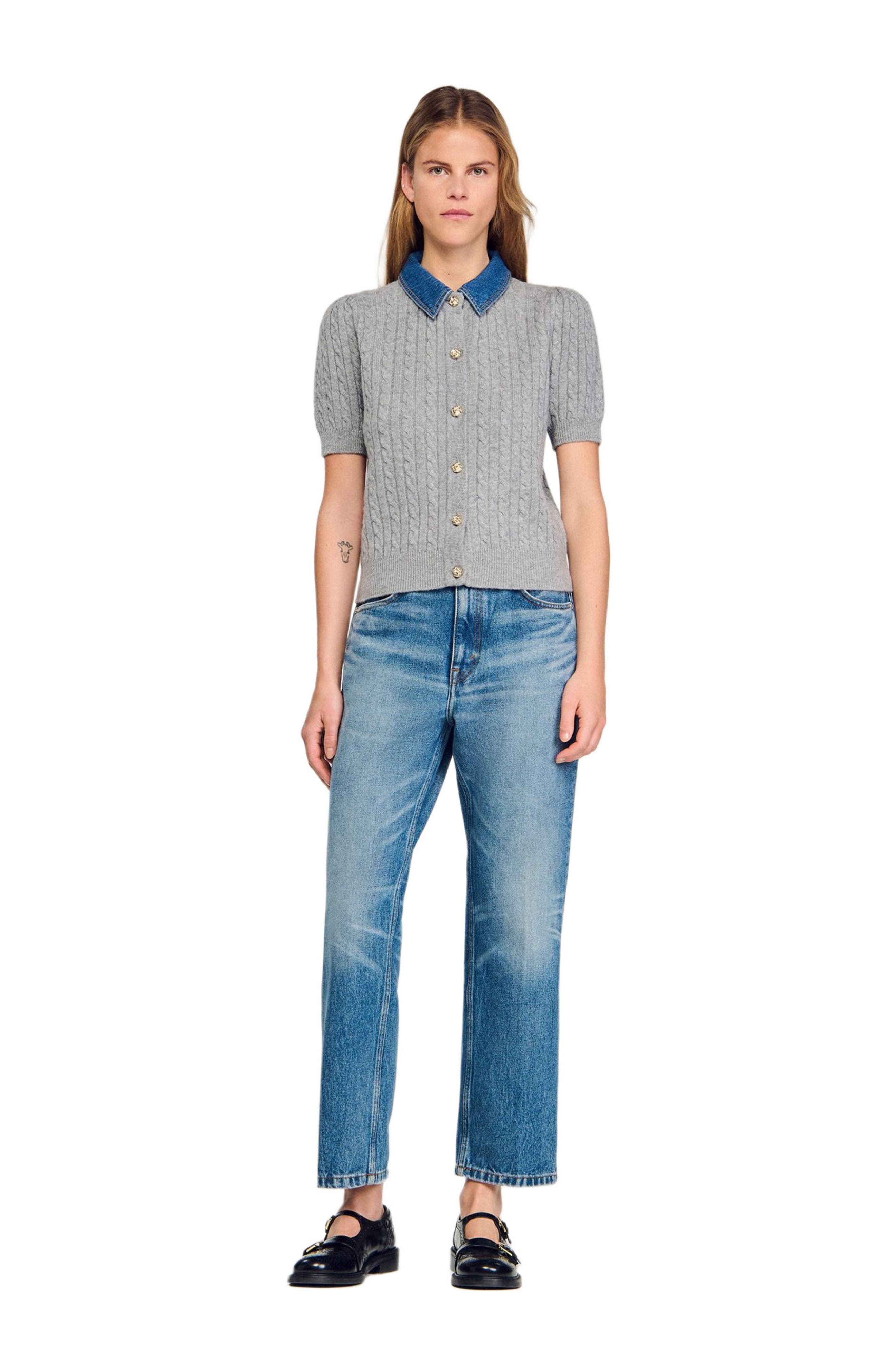 SANDRO Cardigan with denim collar in Grey at Nordstrom - 2