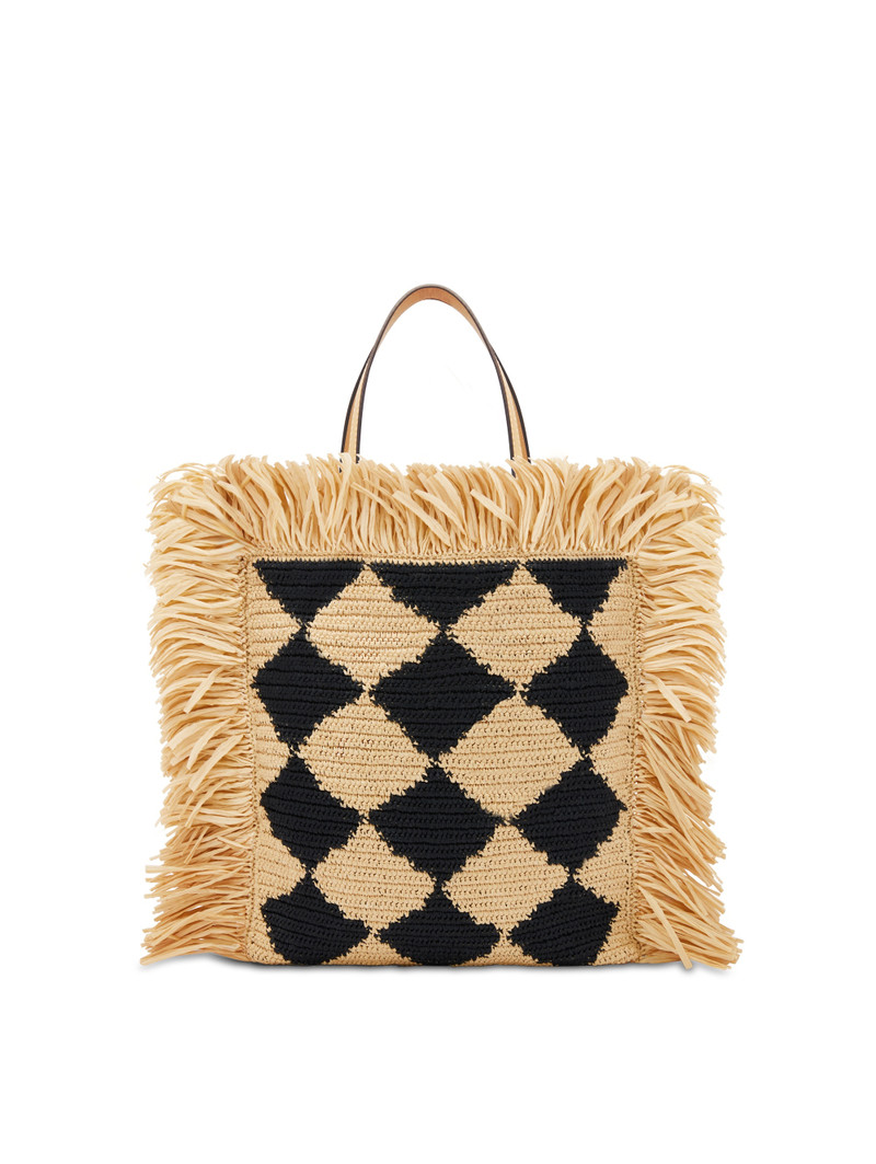 CHECKED RAFFIA CROCHET FLAT TOTE 1