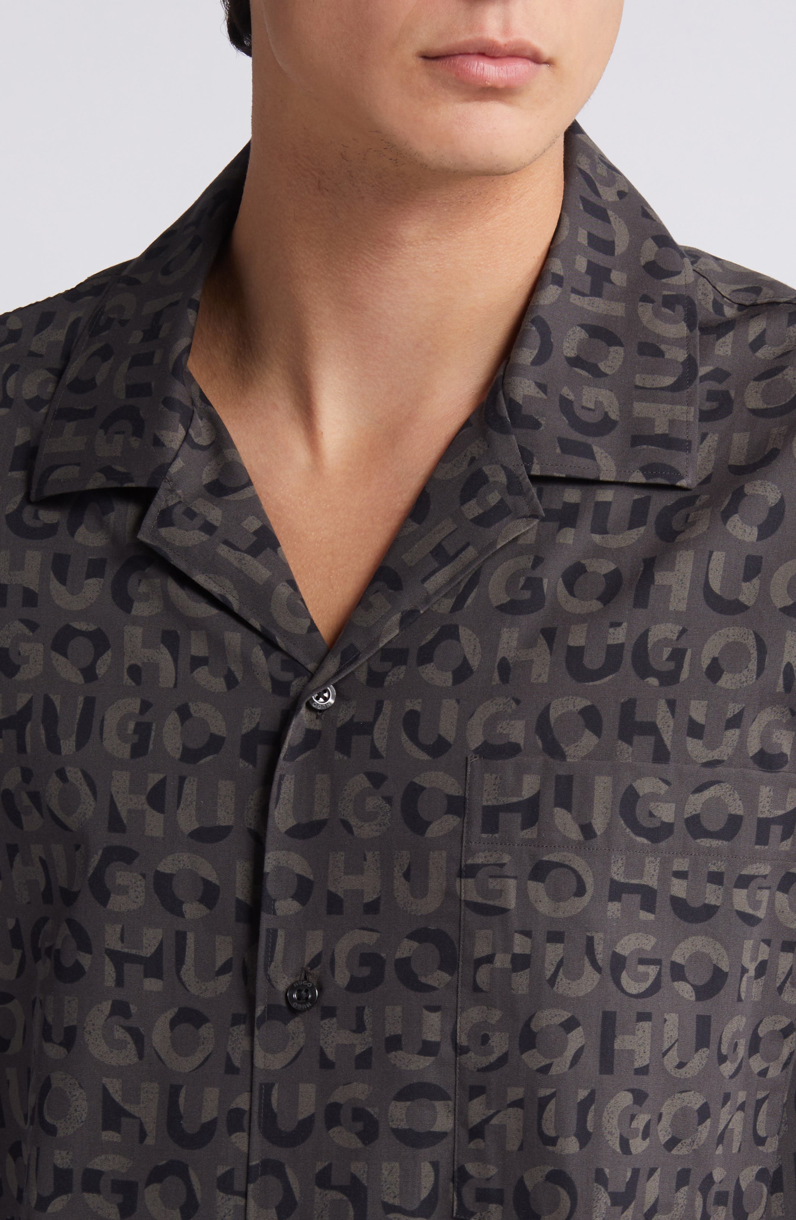 HUGO Egeeno Oversize Camo Logo Camp Shirt in Black at Nordstrom - 2