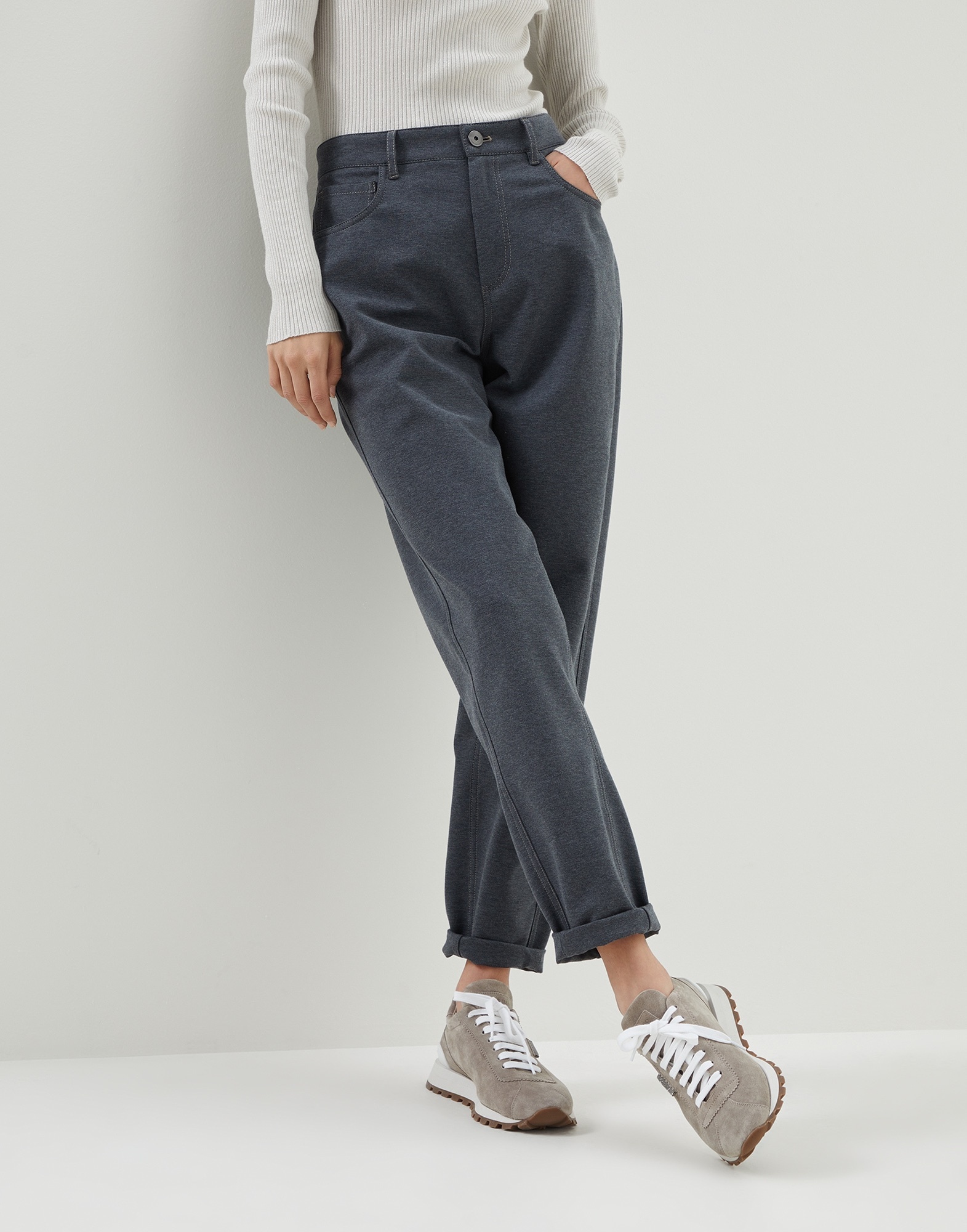 Stretch cotton couture interlock five-pocket curved trousers with shiny tab - 1