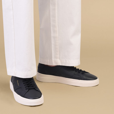 Santoni Men's blue tumbled leather double buckle sneaker outlook