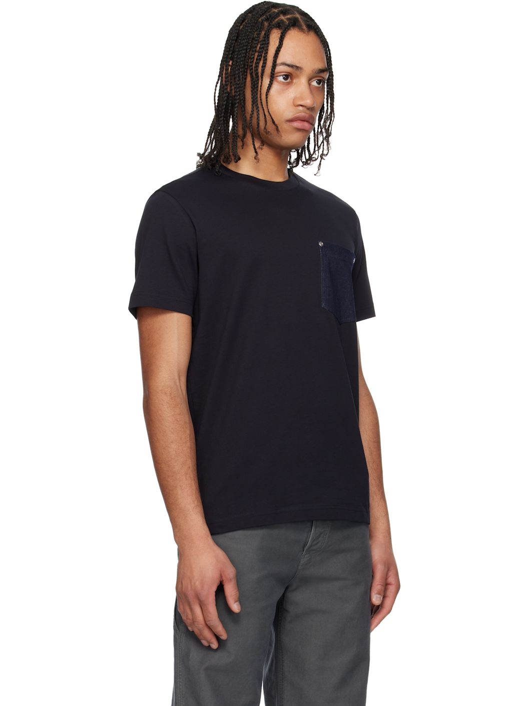 Navy Cotton & Denim Pocket T-shirt - 2