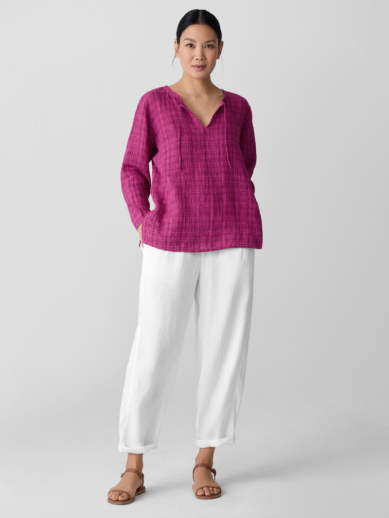 Puckered Organic Linen Plaid Keyhole Top 3