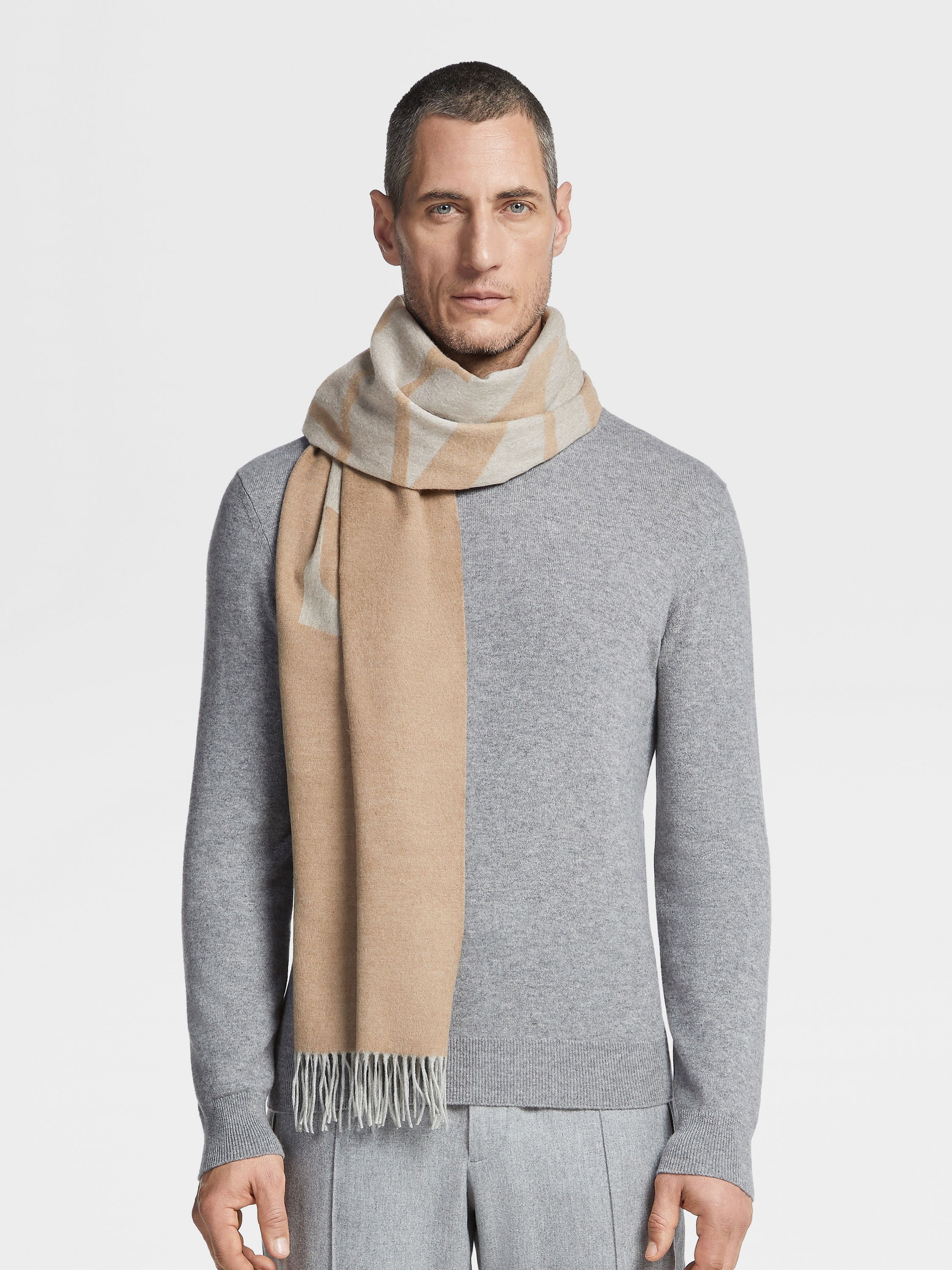 BEIGE AND LIGHT GREY ZEGNA SILK SCARF - 3