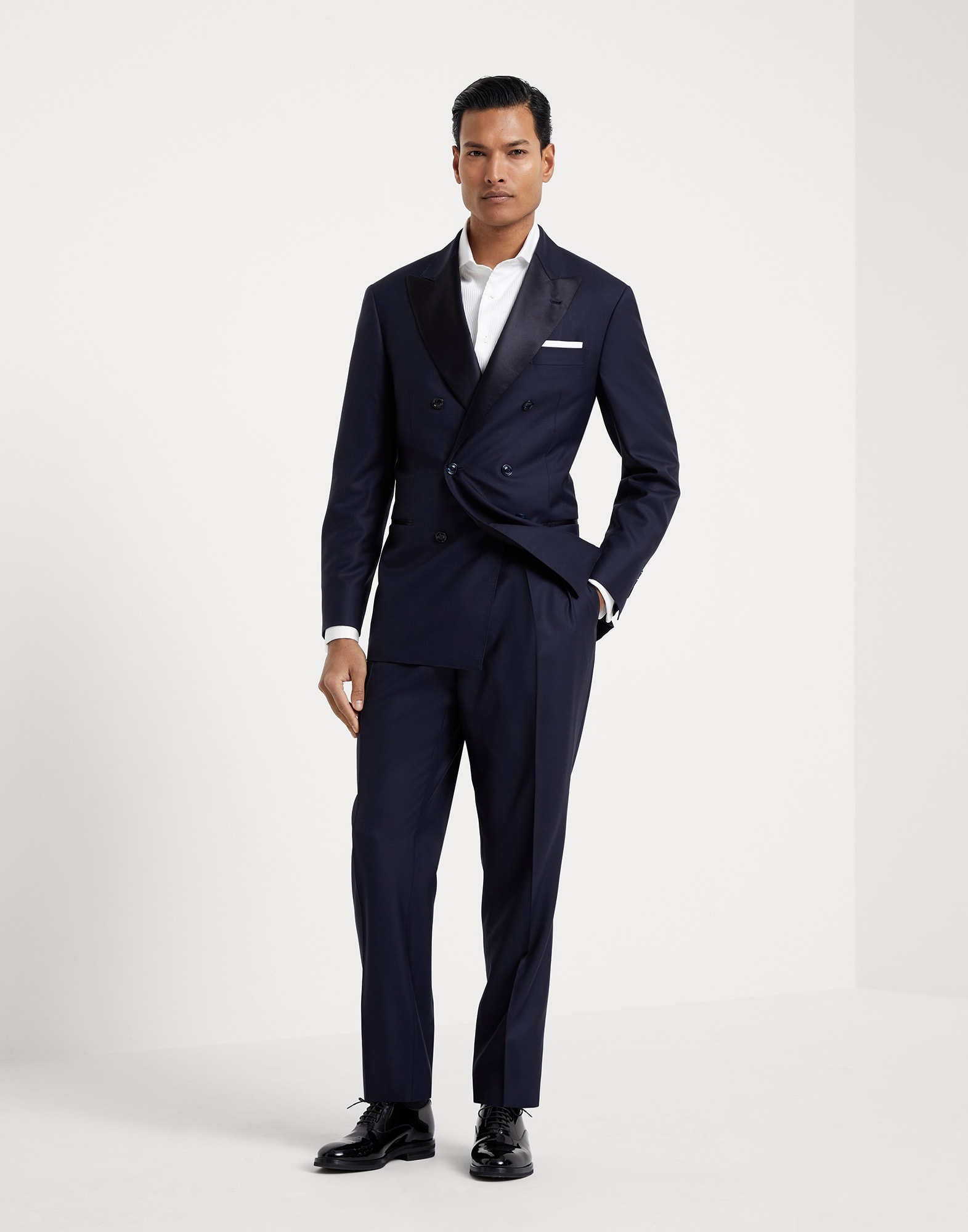 Lightweight virgin wool and silk twill tuxedo with one-and-a-half breasted jacket and double-pleated - 1