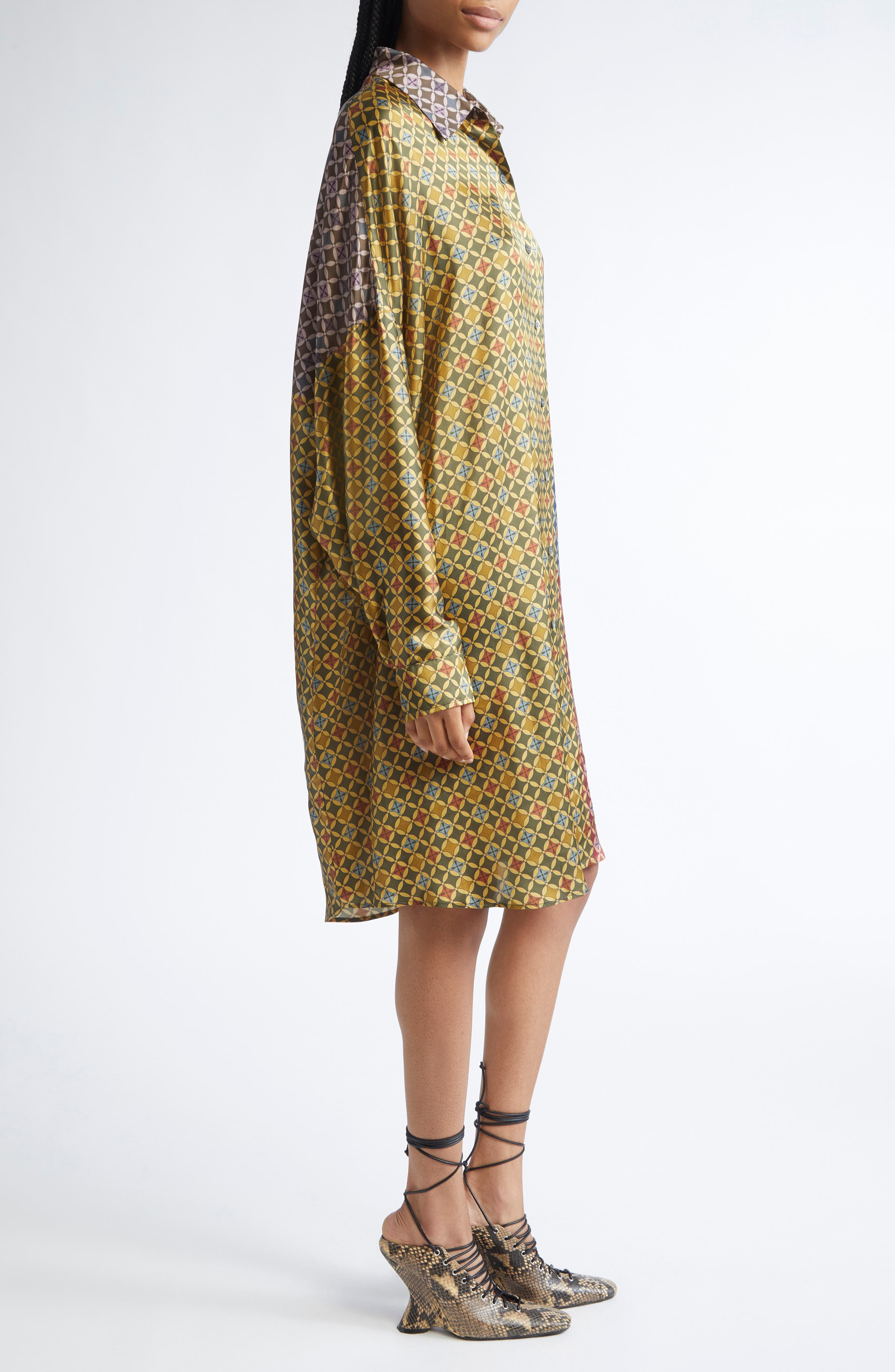 Dries Van Noten Dasia Tie Print Long Sleeve Silk Satin Shirtdress in Dessin A at Nordstrom - 3