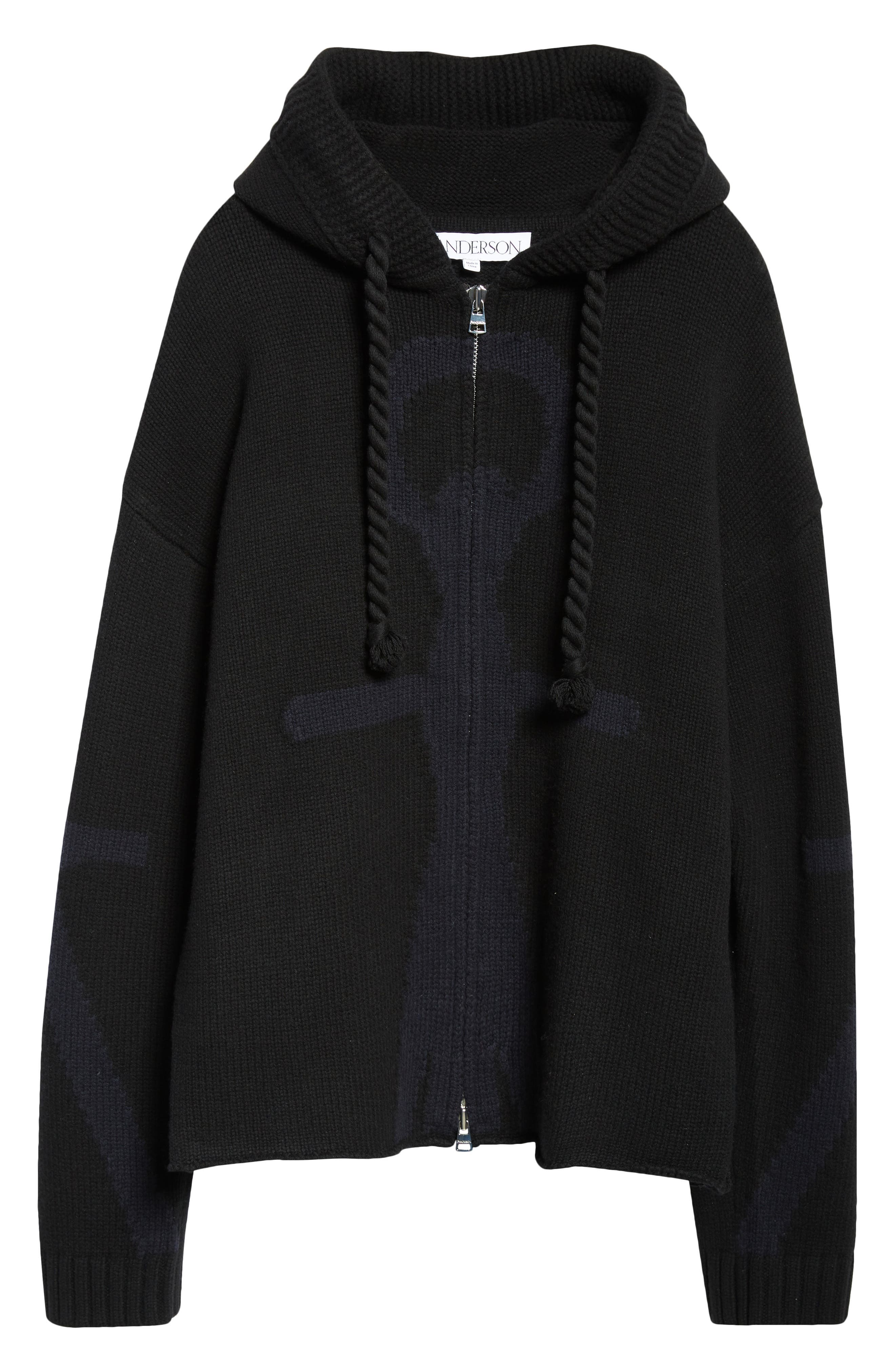 JW Anderson Anchor Intarsia Hooded Merino Wool Zip Sweater in Black/Navy at Nordstrom - 6