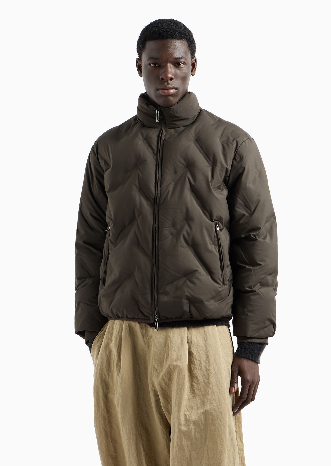 Full-zip nylon down jacket with all-over matelassé-effect micro eagle - 2