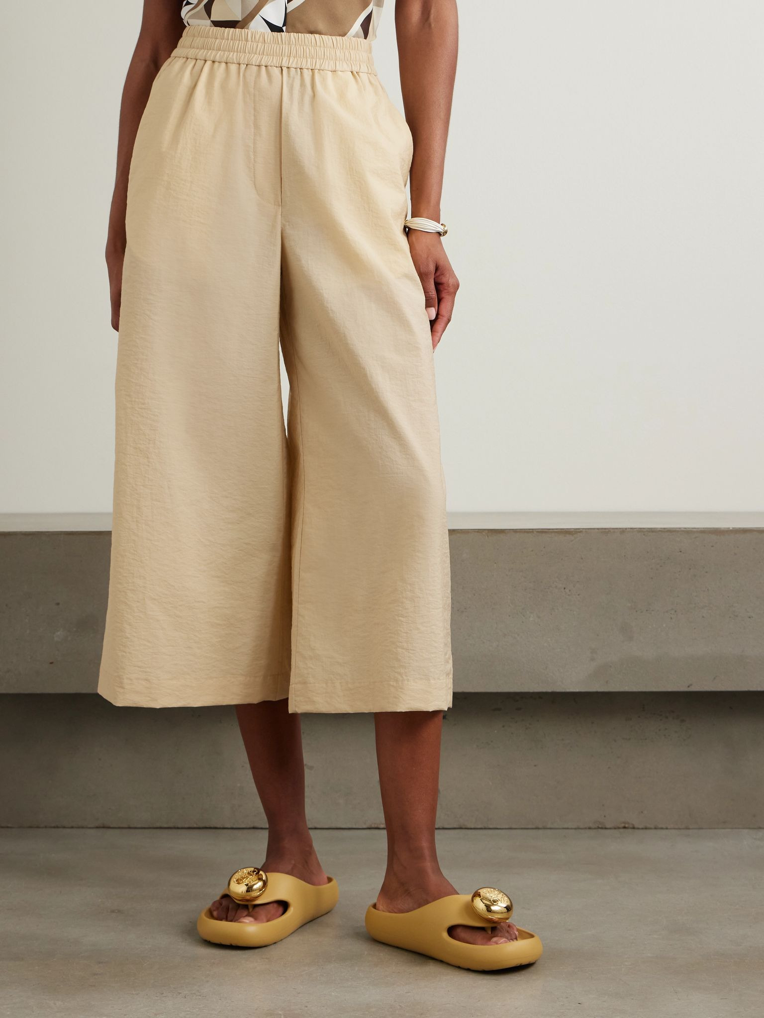 + Paula's Ibiza appliquéd crinkled cotton-blend wide-leg pants Beige - 3