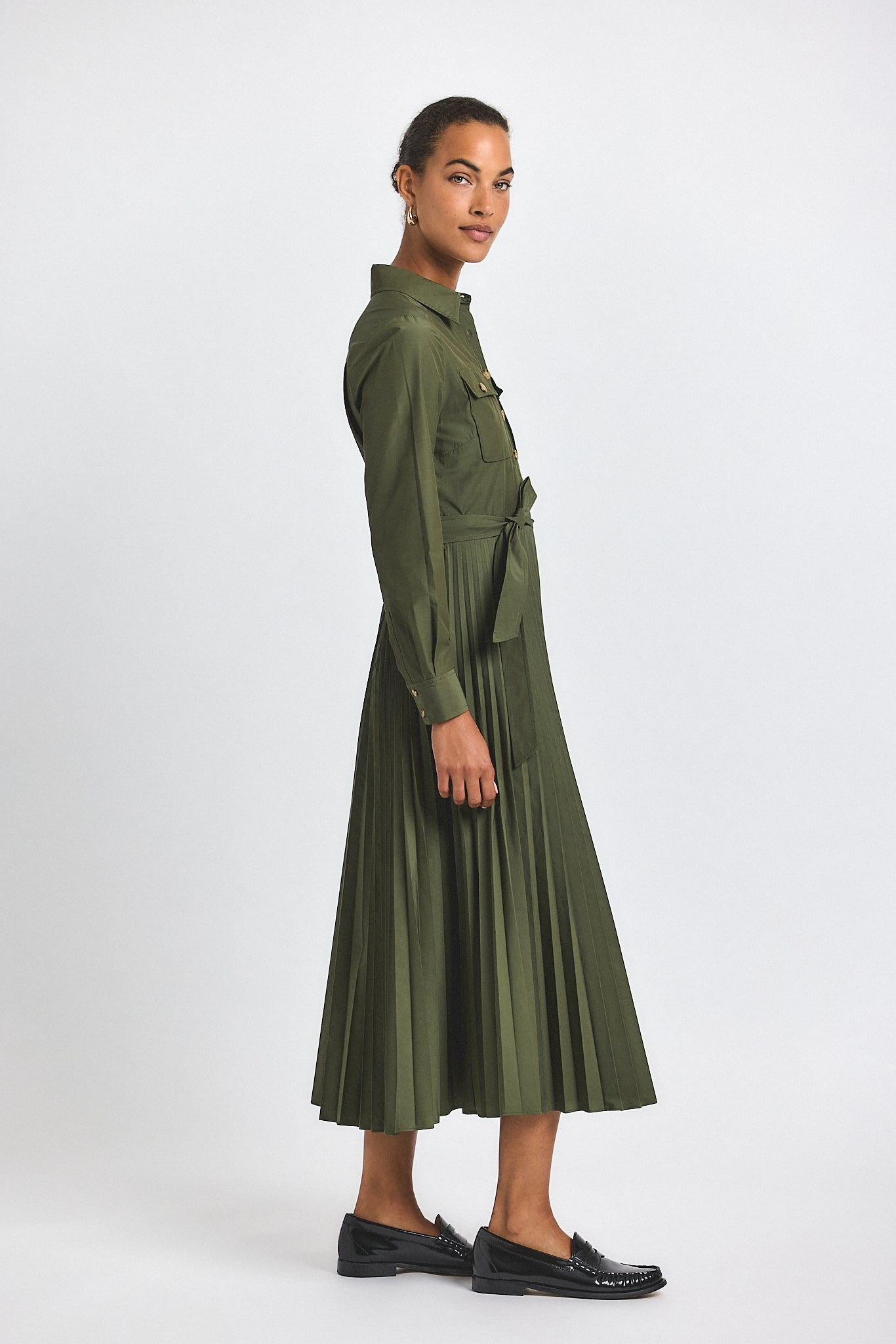 KENZA COTTON POLY POPLIN PLEATED SHIRT DRESS - 5