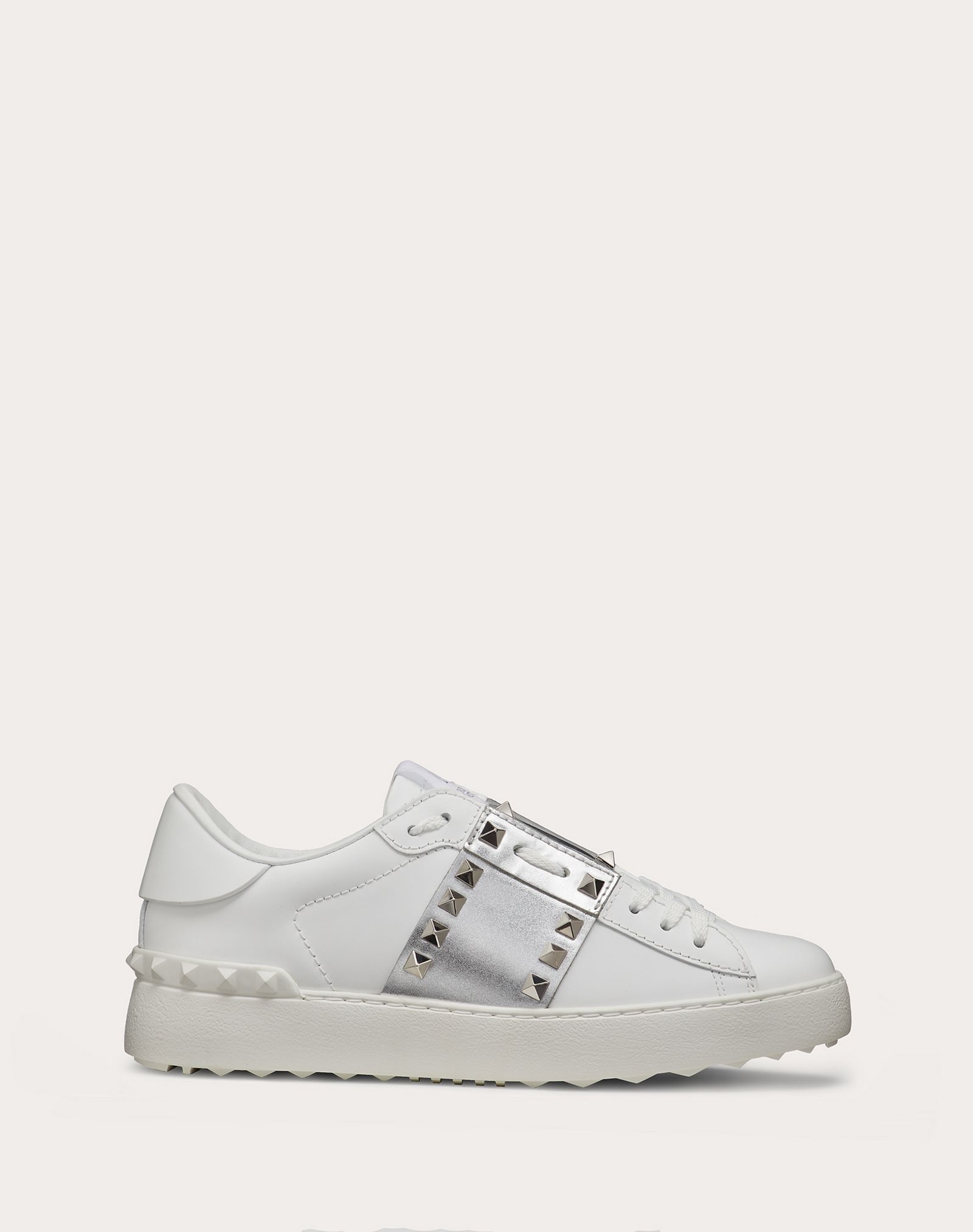 Rockstud Untitled Sneaker in Calfskin Leather with Metallic Stripe - 1