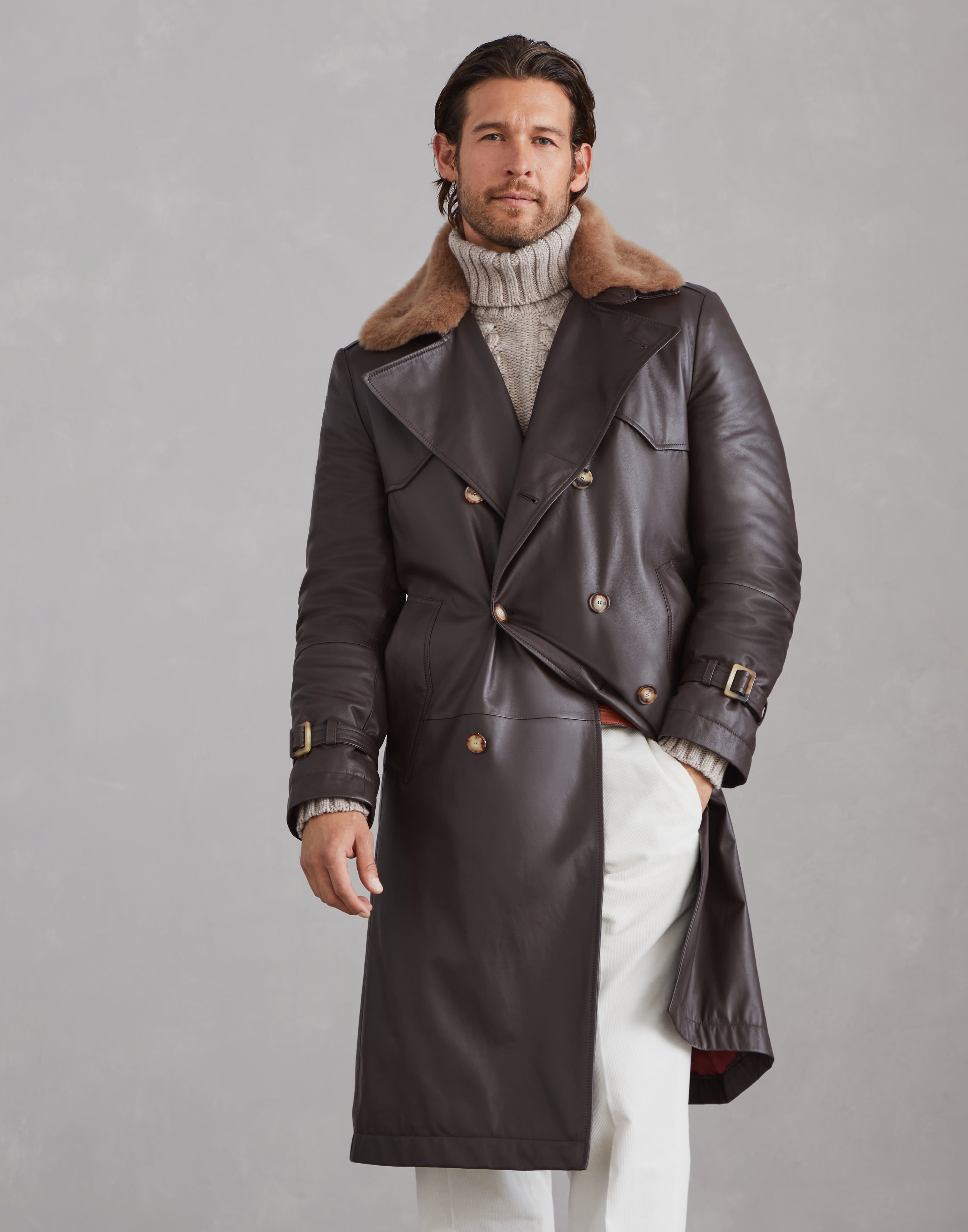 Polished calfskin trench with Thermore® padding and detachable shearling collar - 1