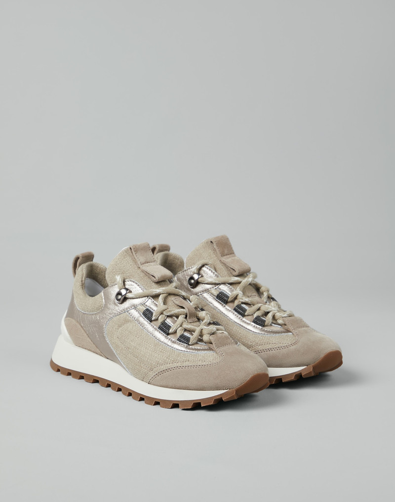 Suede and cotton and linen canvas runners with precious eyelets 1