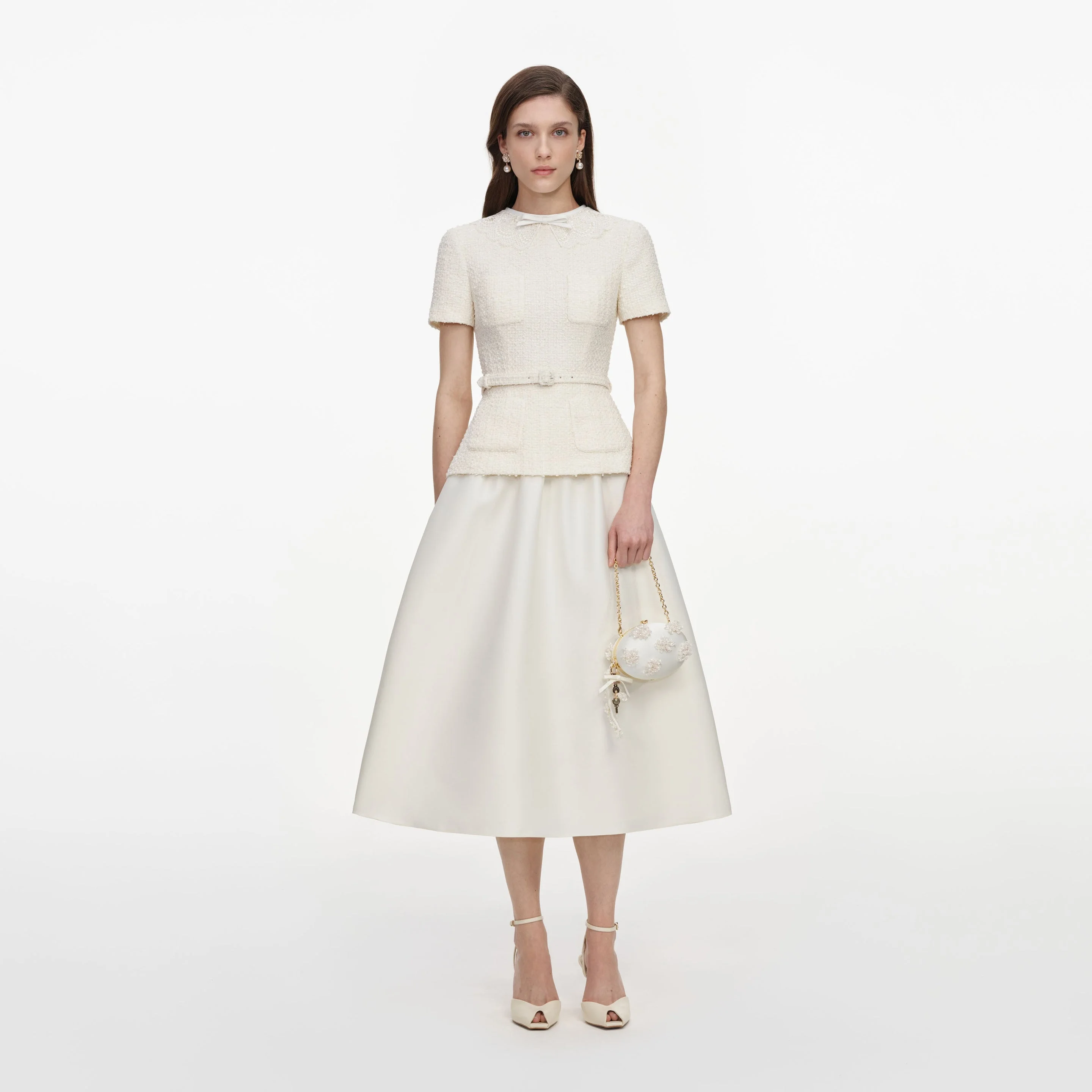 Cream Boucle Taffeta Midi Dress - 1