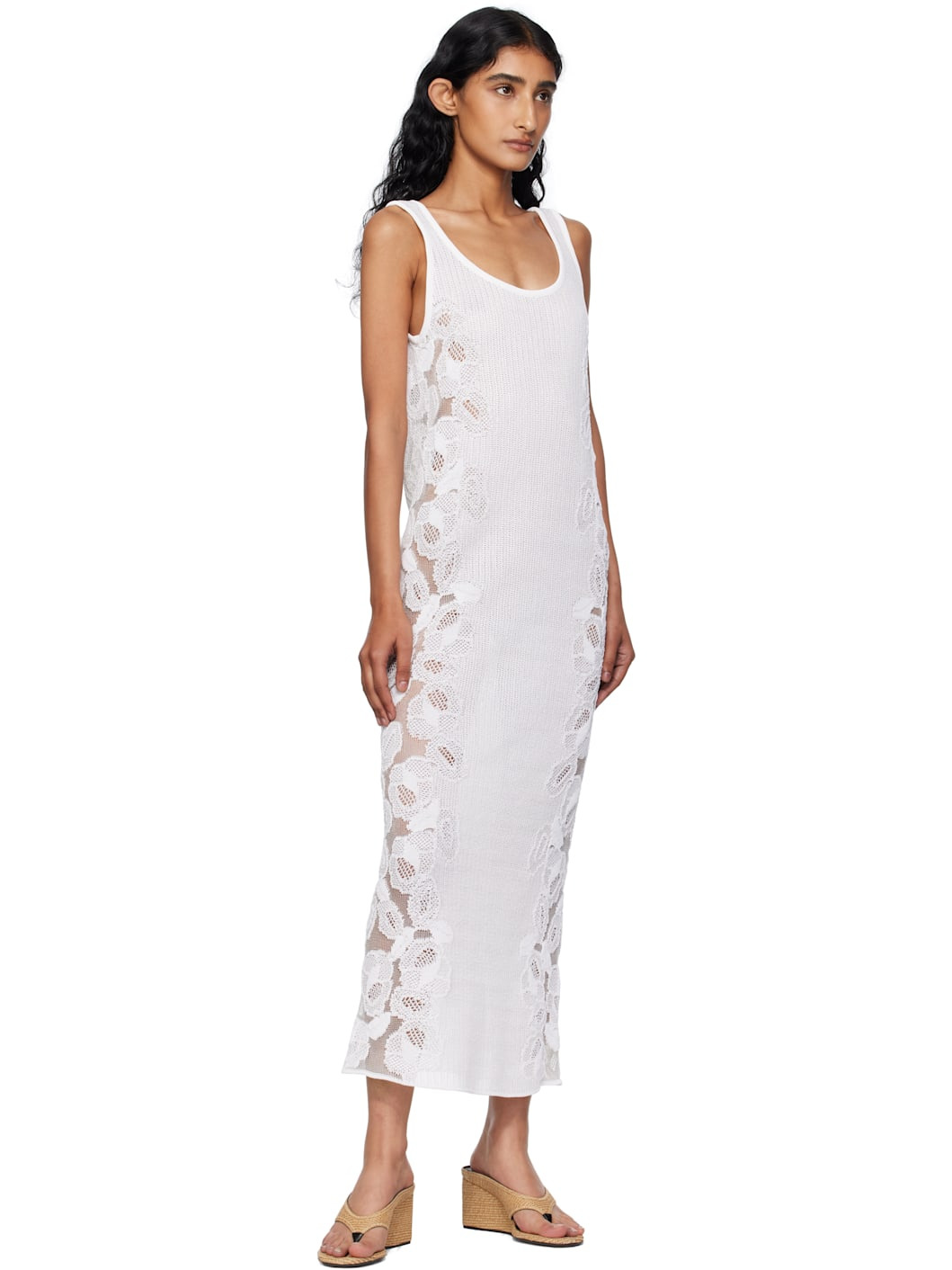 White Guipure Lace Flower Midi Dress - 4
