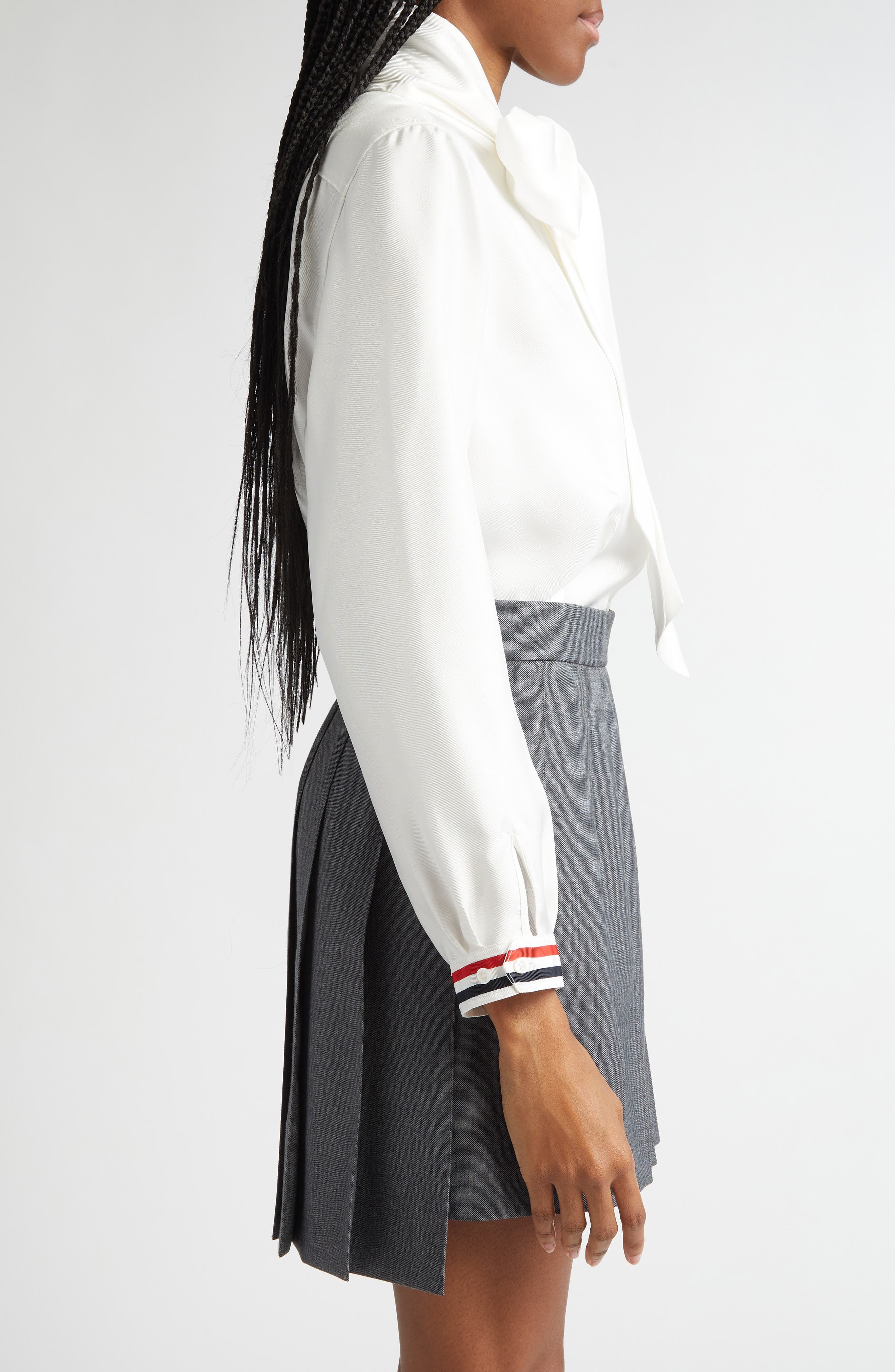 Thom Browne Tie Neck Long Sleeve Silk Top in White at Nordstrom - 3