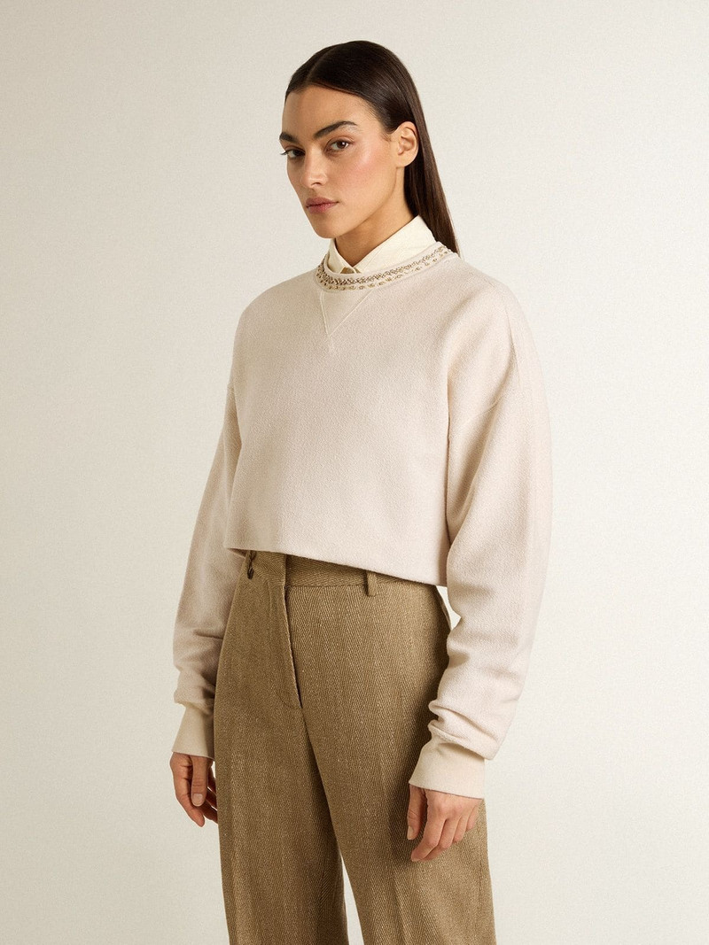 Golden Goose Women's cream cotton cropped sweatshirt with crystals on the front outlook