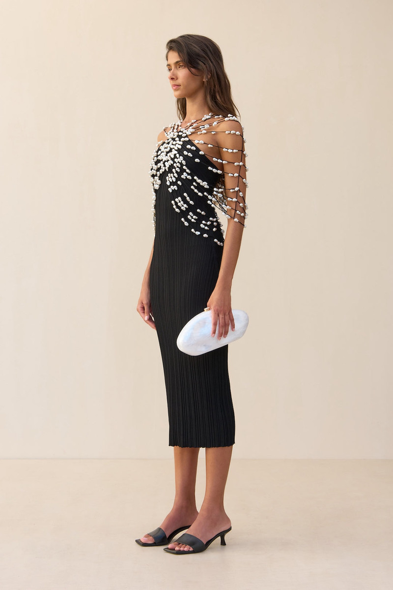 soft knit midi dress Linear Pointelle Lined Tonal Soft Knit Fit-N-Flare Midi Dress