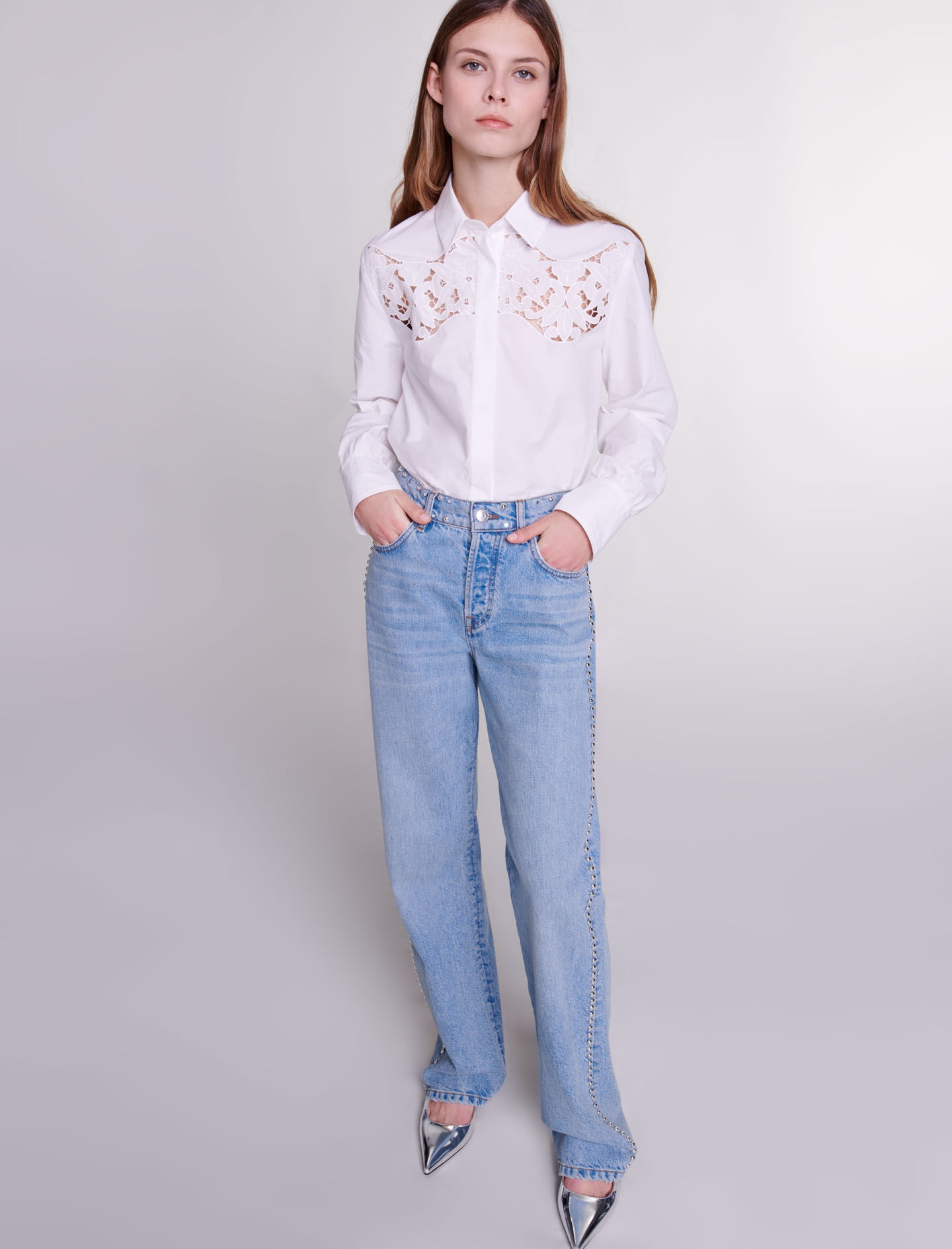 Wide-leg studded jeans - 6