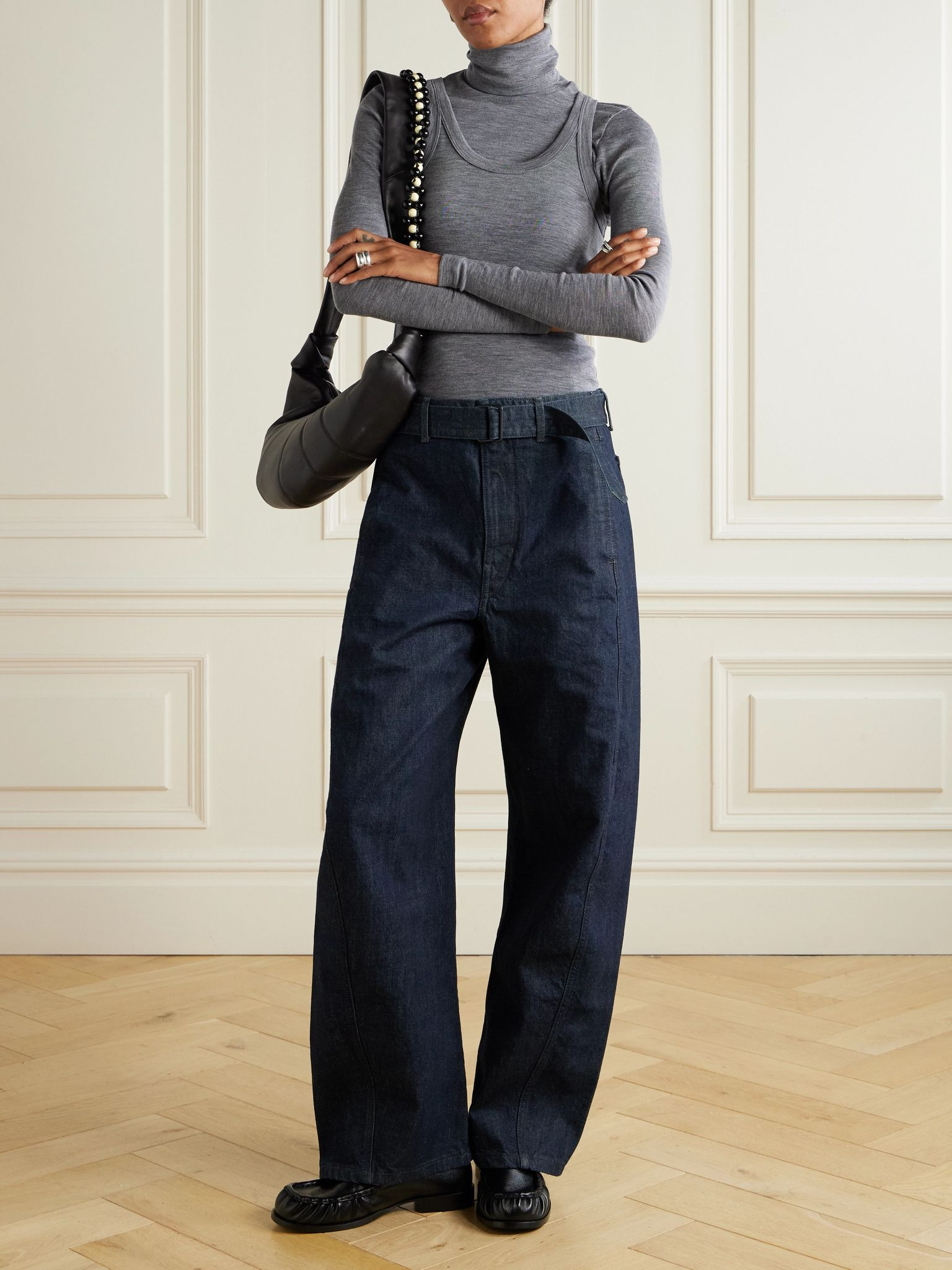 Twisted belted mid-rise barrel-leg jeans Navy - 2