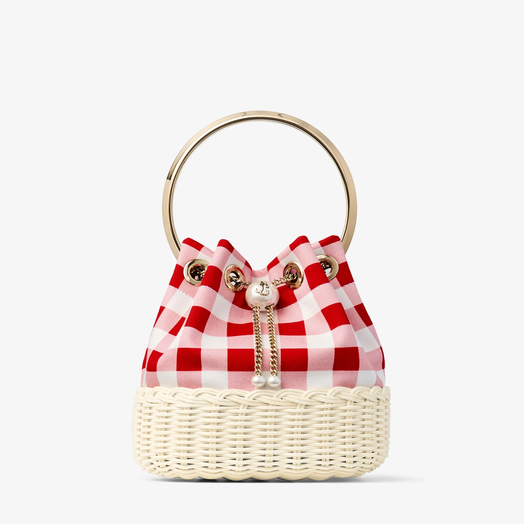 Bon Bon Ruby Red Gingham Cotton Fabric and Wicker Bucket Bag - 1