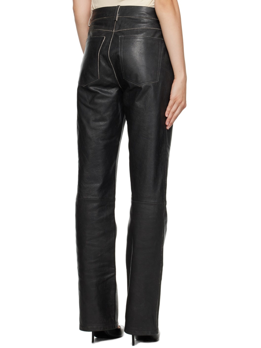 Black 5-Pocket Leather Pants - 3