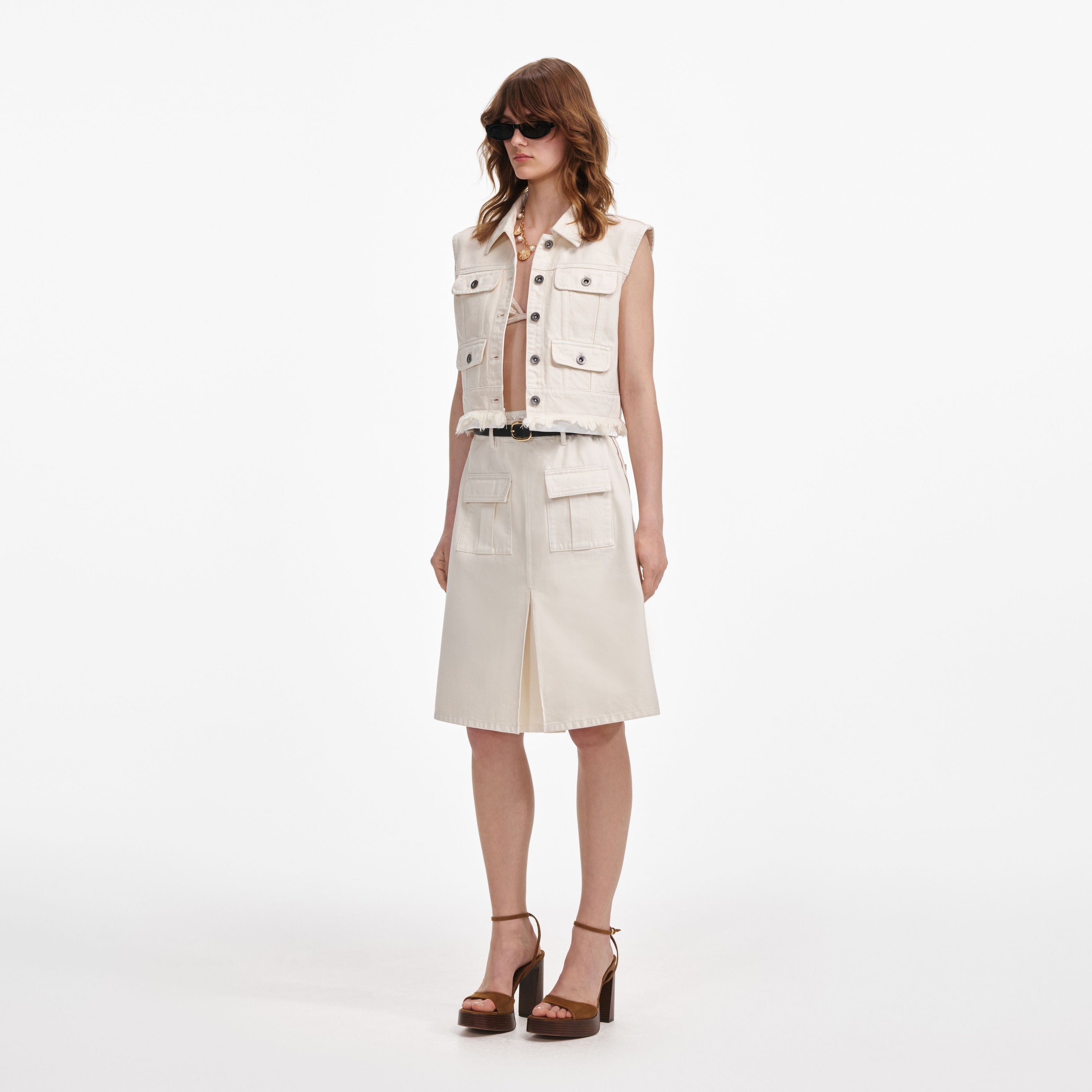 Cream Denim Sleeveless Top - 2