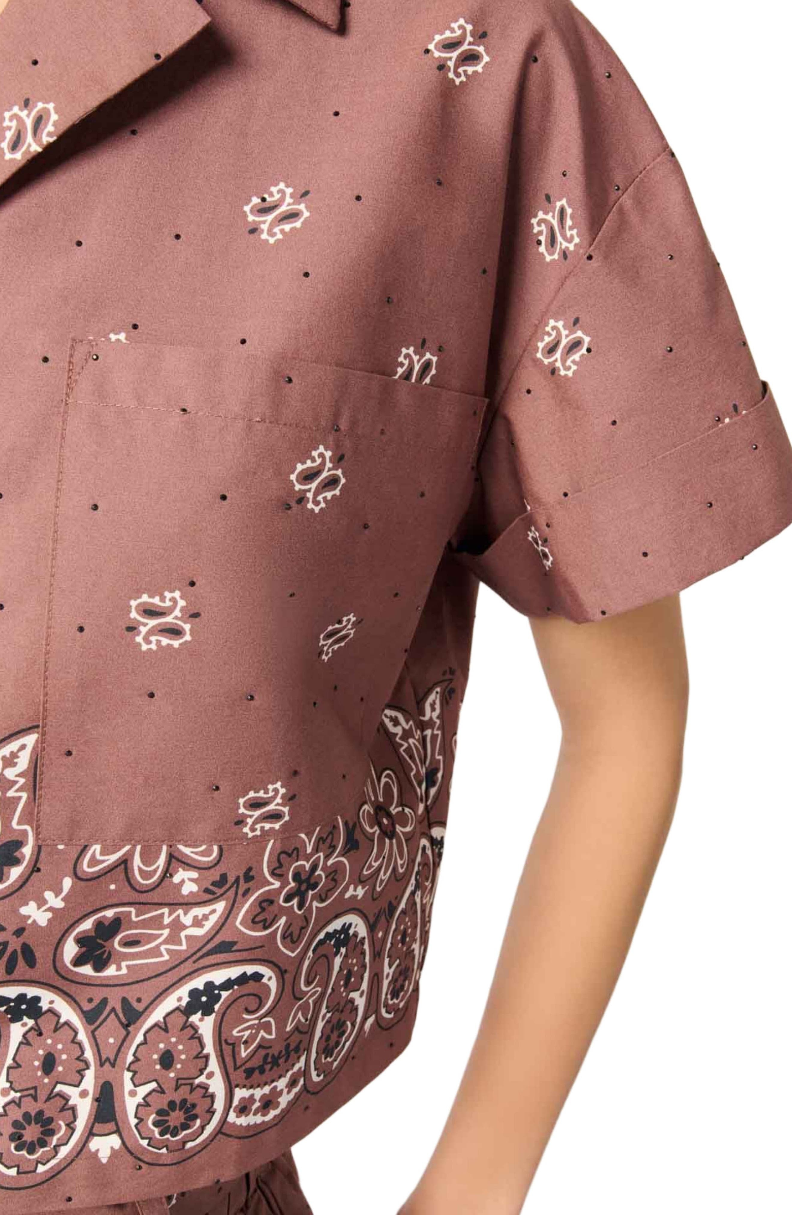 maje Patterned rhinestone cropped shirt in Brown Bandana Print at Nordstrom - 5