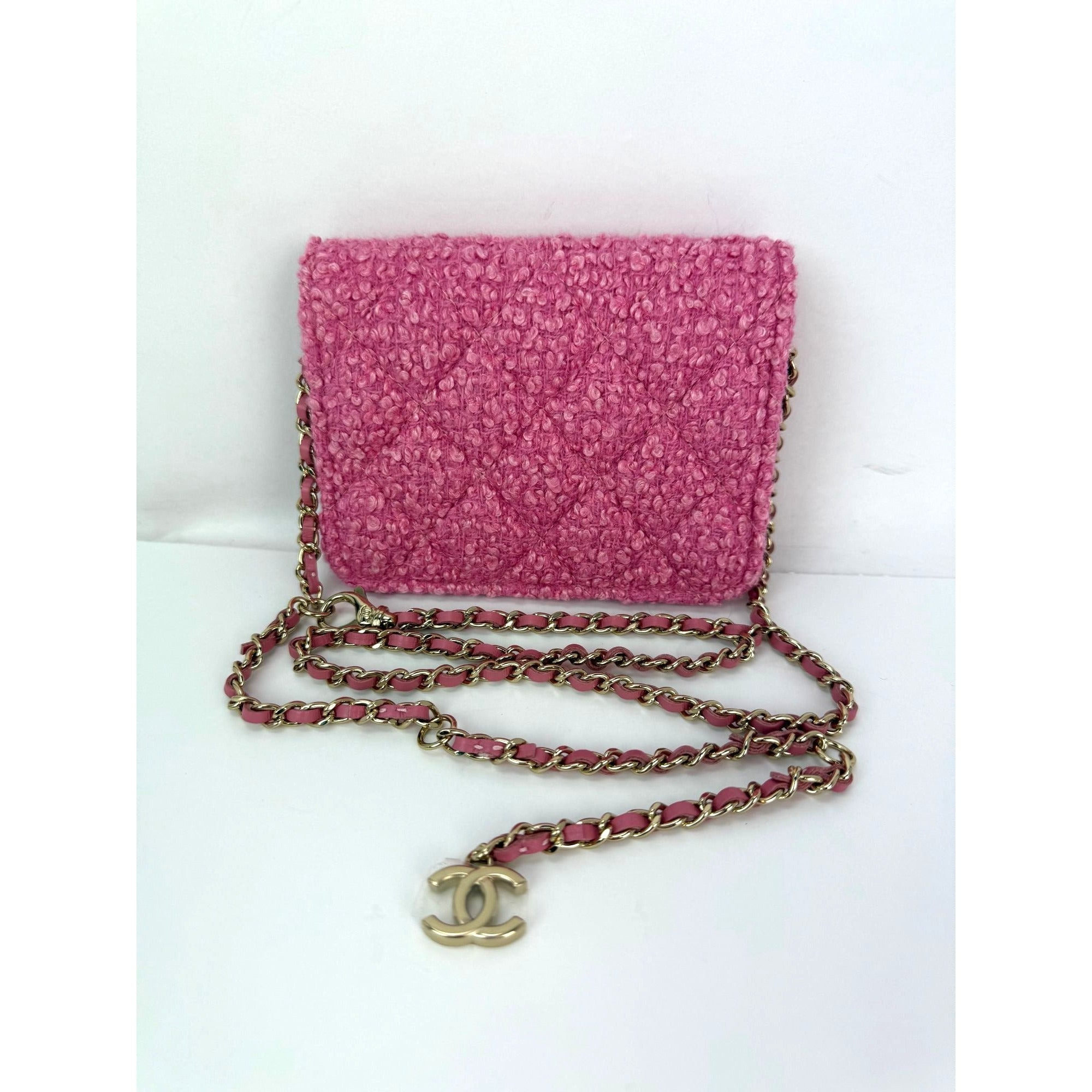 Chanel Tweed Quilted Mini Flap Pink Chain Waist Shoulder Bag - 2