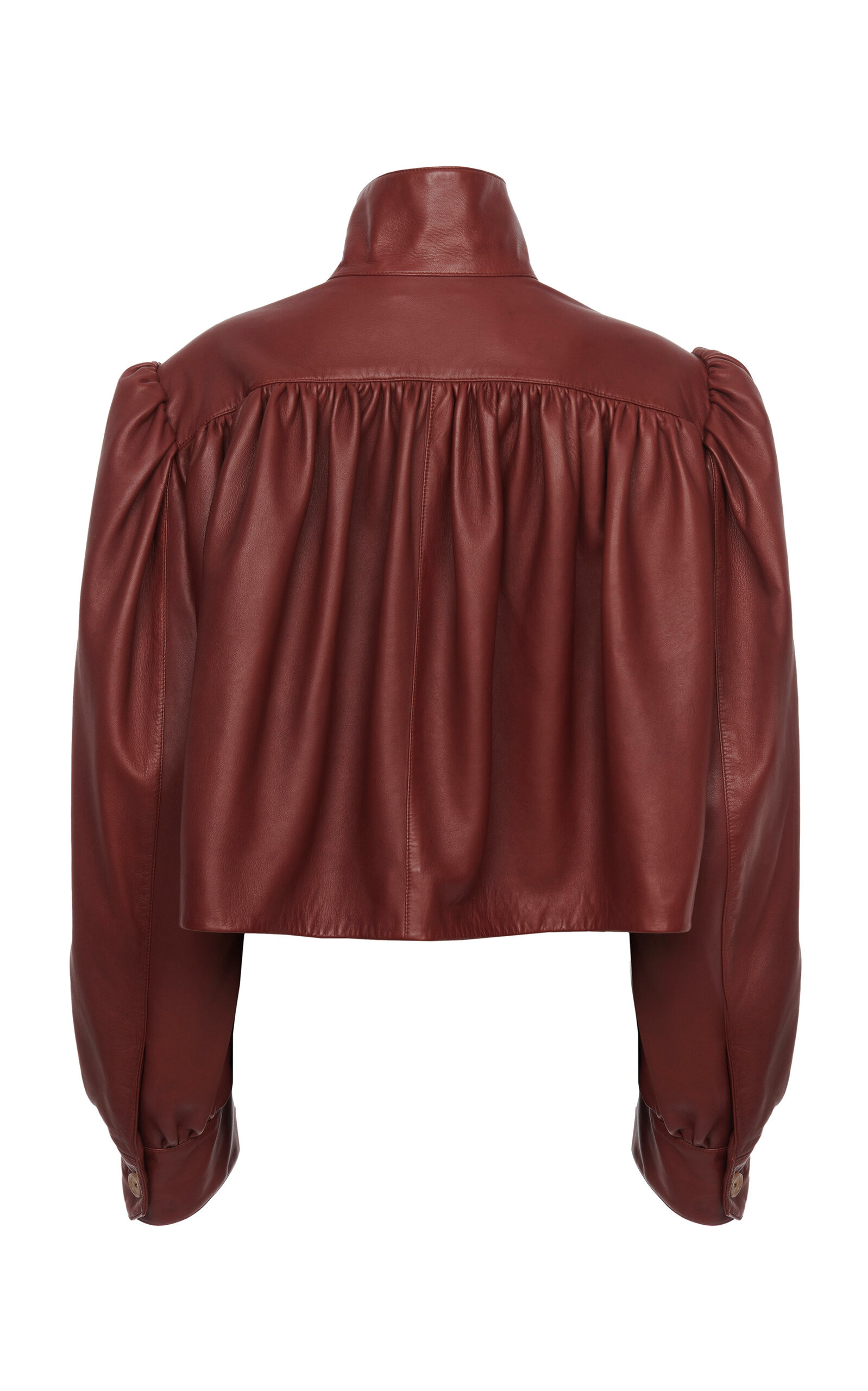 Puff-Sleeve Plonge Leather Cropped Jacket burgundy - 5