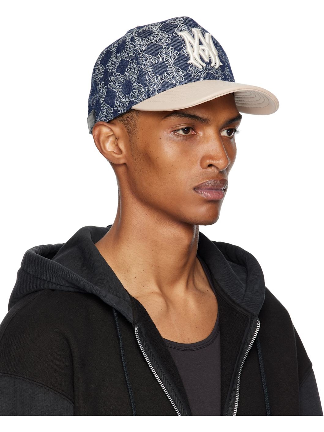 Navy & Beige MA Leather Brim Denim Cap - 2
