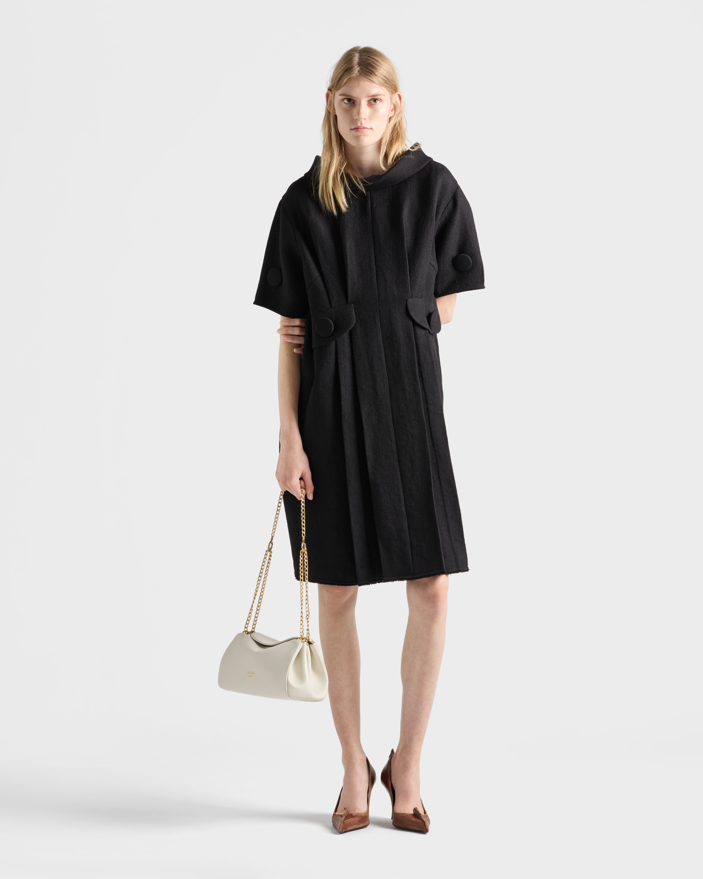 Short-sleeve chevron wool dress with belt - 2