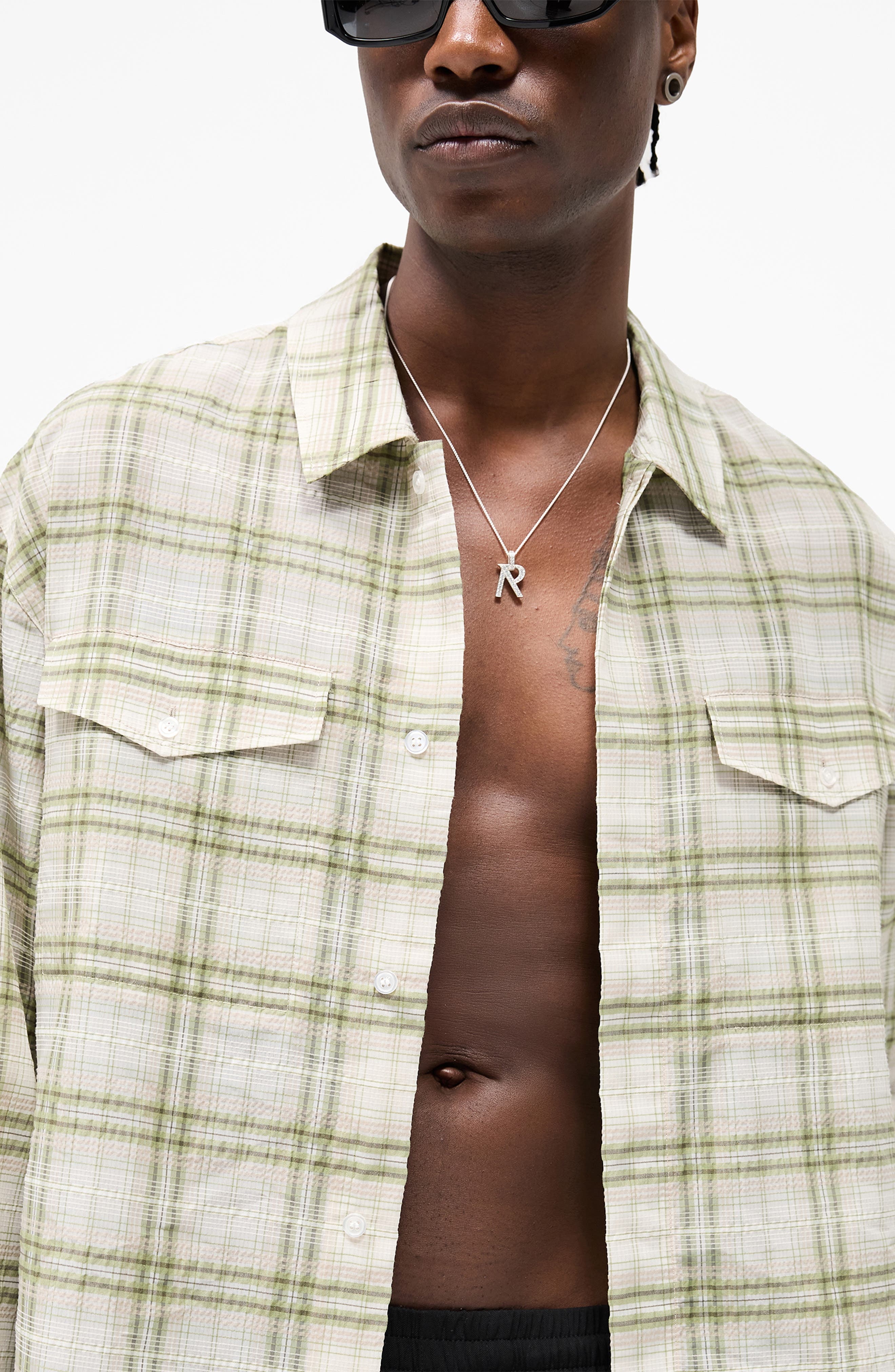 Represent Plaid Texture Sheer Flannel Button-Up Shirt in Green at Nordstrom - 5