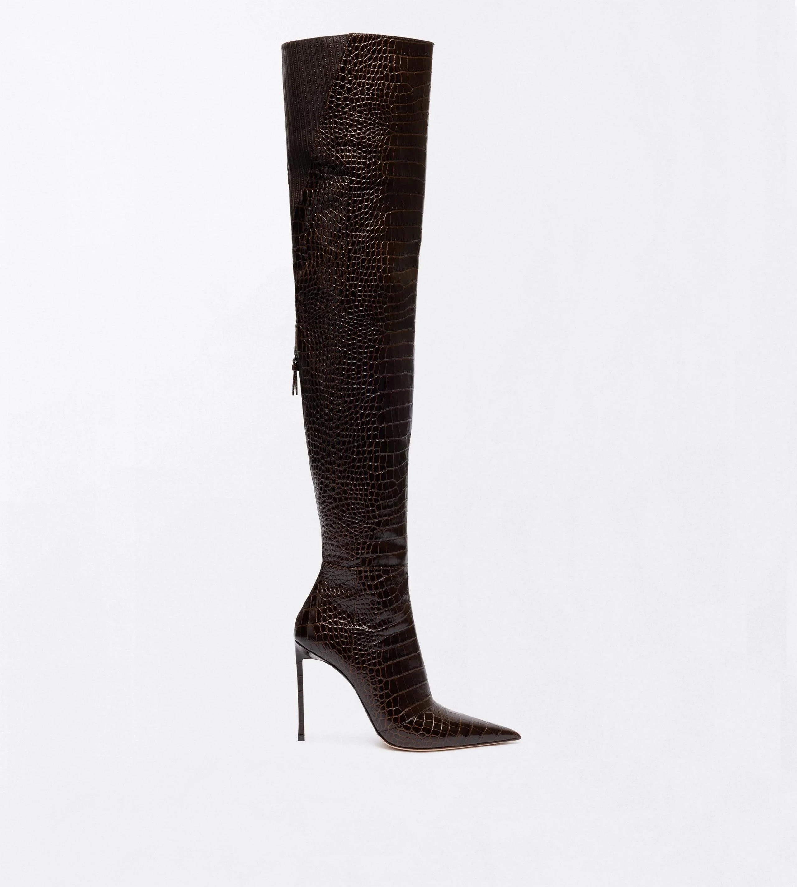 SHINY STAMPED CROCODILE LEATHER VERTIGO THIGH HIGH BOOT - 1