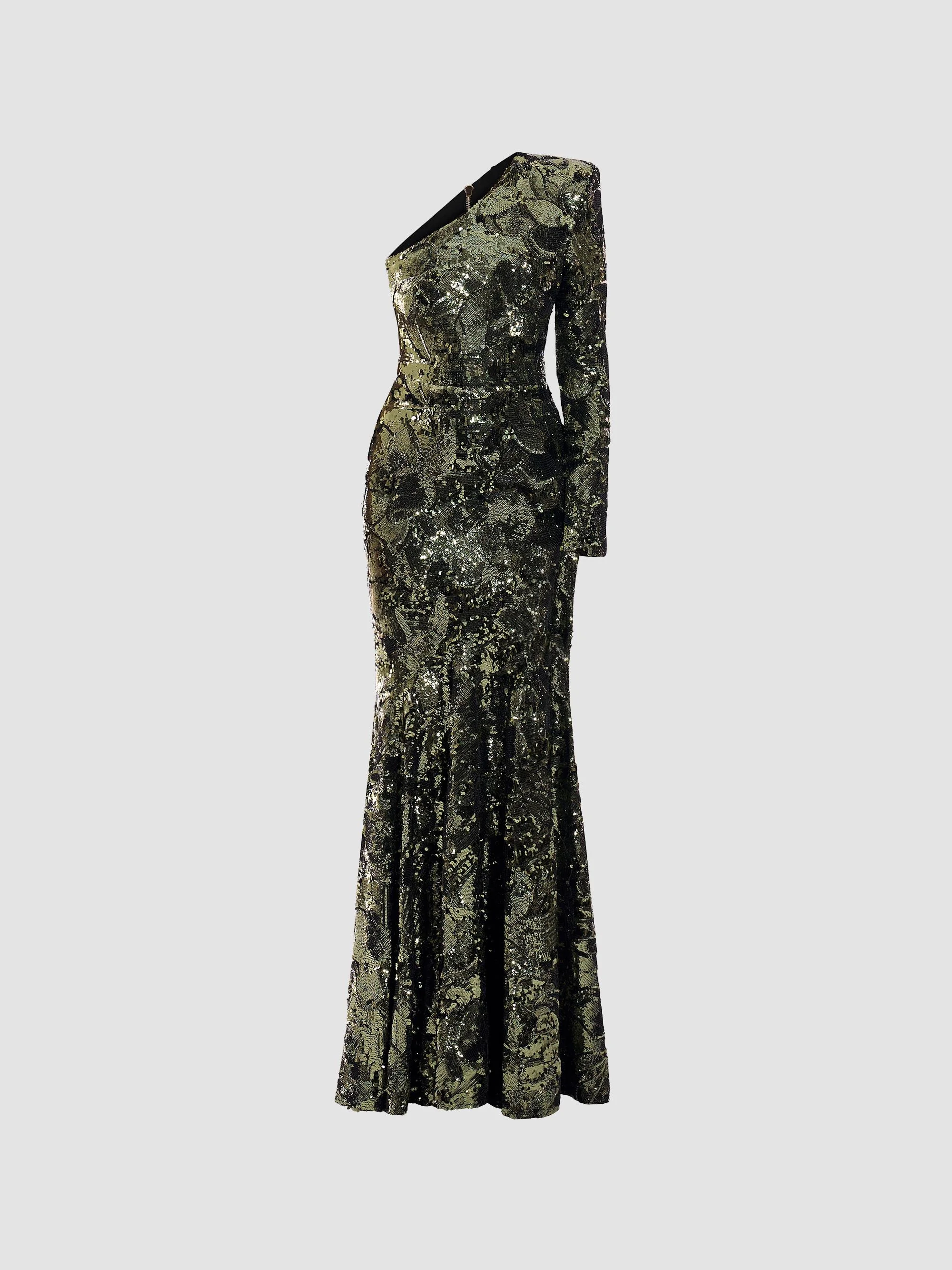 Women's This Is Not Her Sequined One-Shoulder Mermaid Gown - Olive - 1