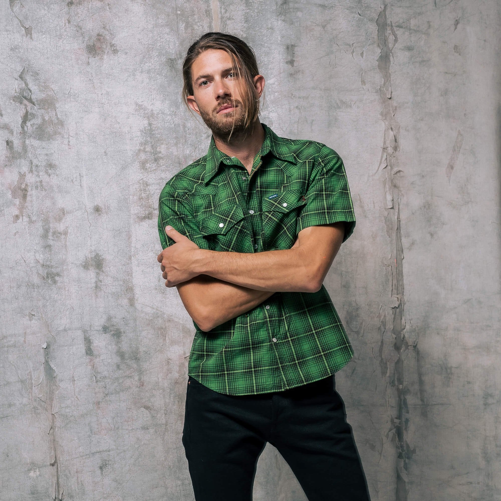IHSH-386-GRN 5oz Selvedge Short Sleeved Western Shirt - Green Vintage Check - 4