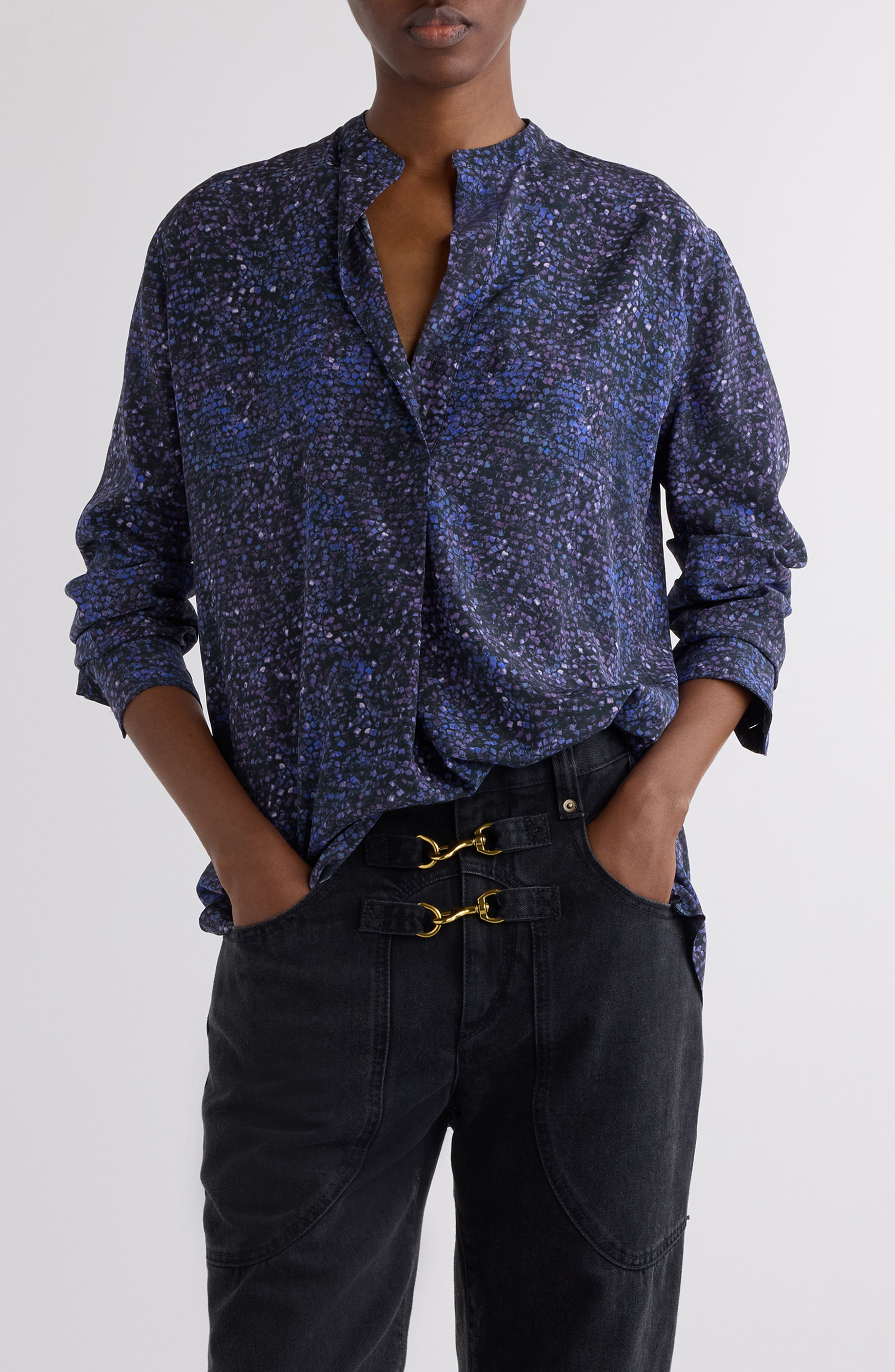 Isabel Marant Sima Mosaic Print Stretch Crepe Shirt in Midnight at Nordstrom - 1