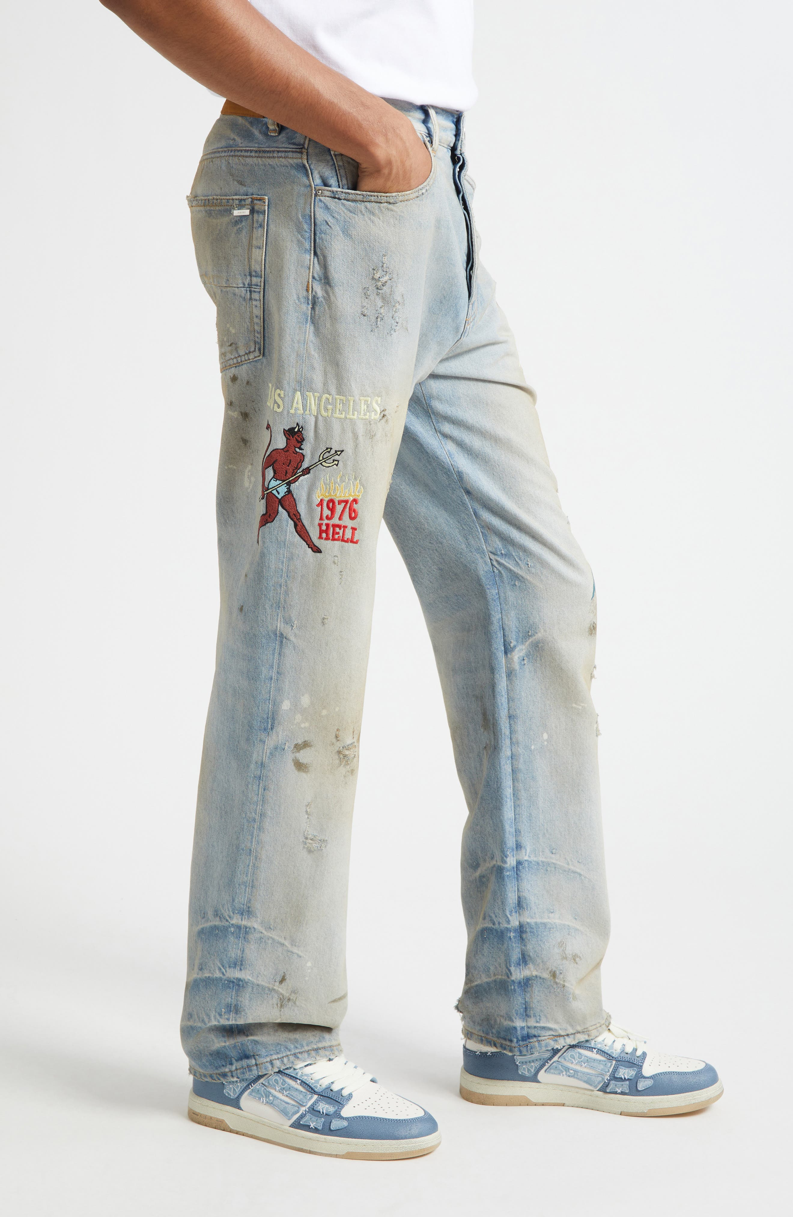 AMIRI Sinners Embroidered Distressed Jeans in Perfect Antique Indigo at Nordstrom - 4