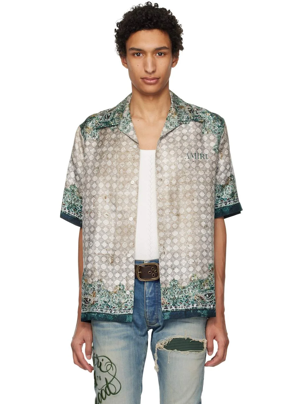 Gray & Green Bandana Bowling Shirt - 1