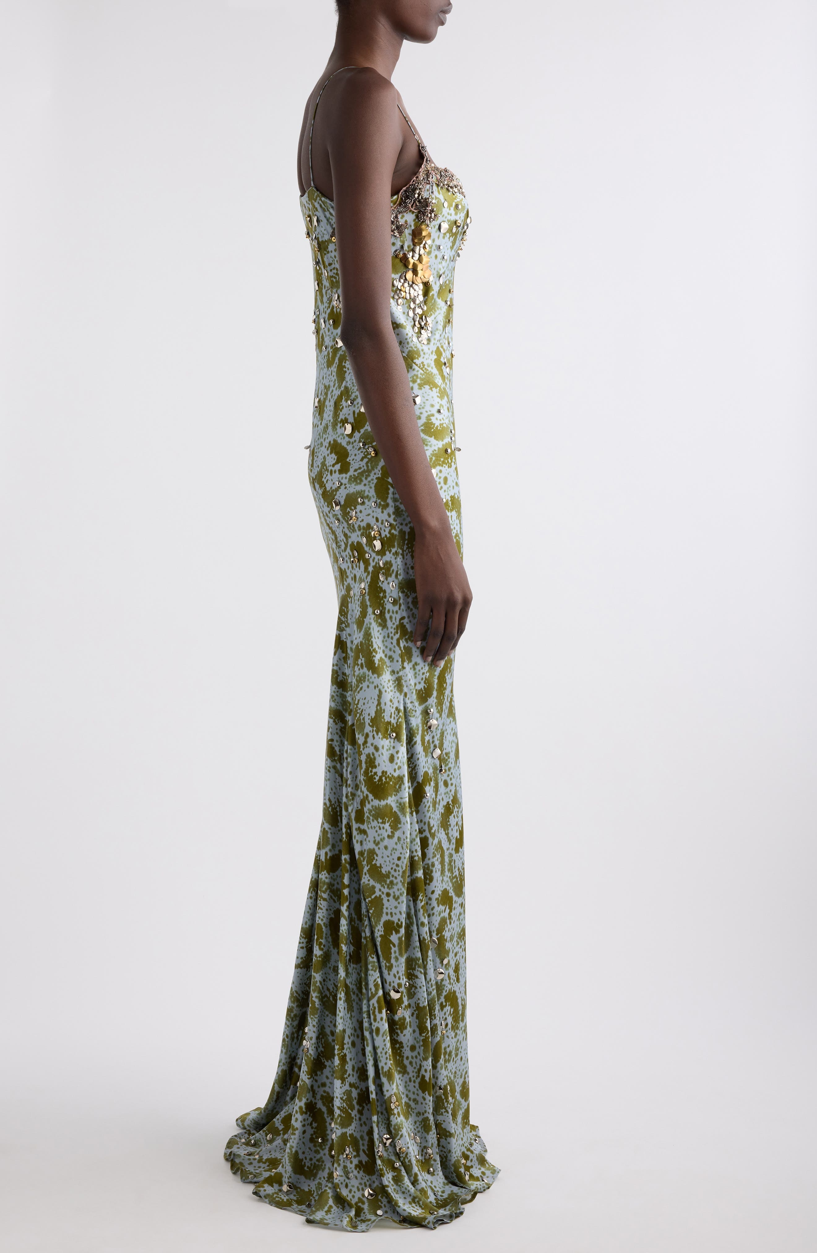 Dries Van Noten Deryl Orchid Petal Print Embellished Silk Column Gown in Khaki at Nordstrom - 3