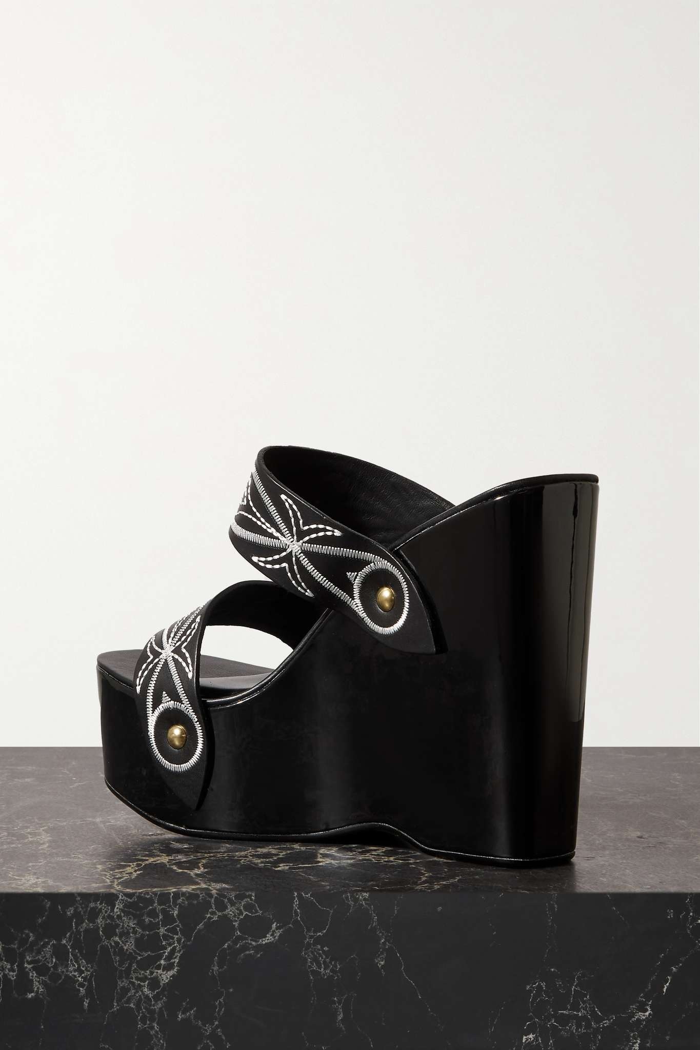 Embellished embroidered leather wedge sandals - 3