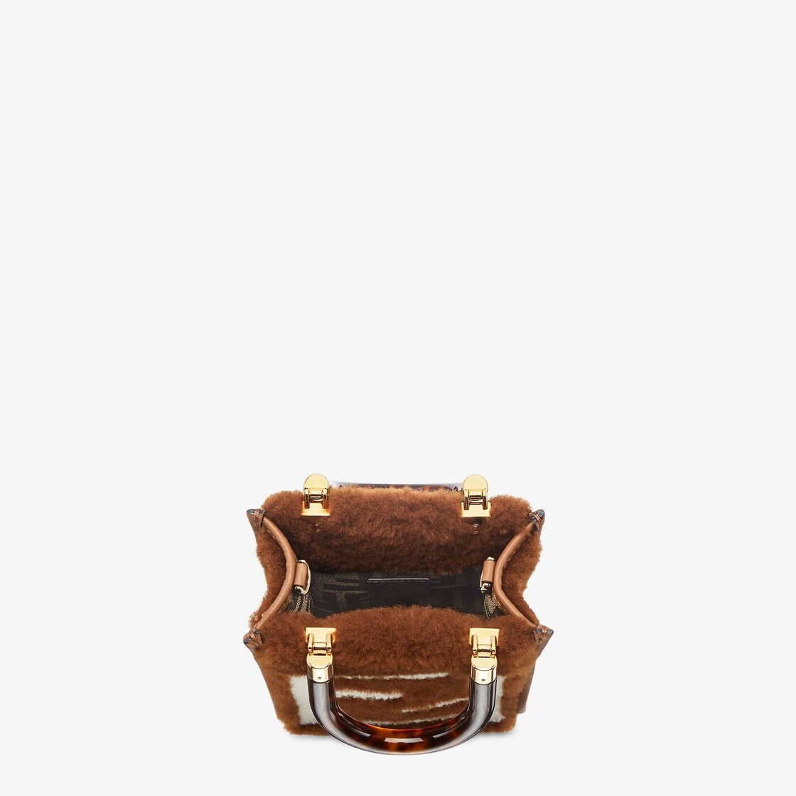 Mini Sunshine Shopper bag made of soft brown sheepskin with white FF inlay and stiff plexiglass tort - 4