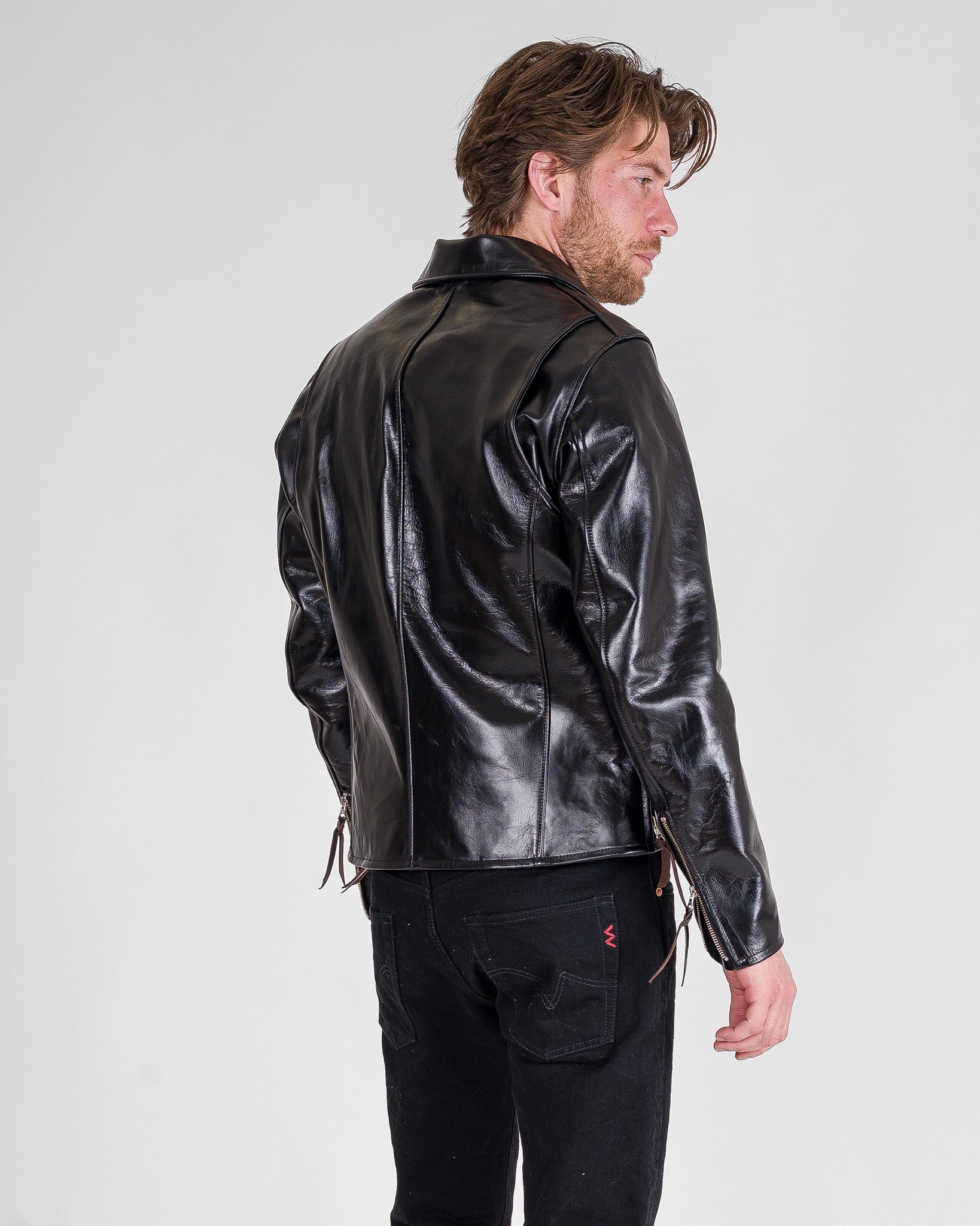 IHJ-54-BLK Japanese Horsehide Rider’s Jacket with Collar - Black (Tea-Core Dyed) - 4