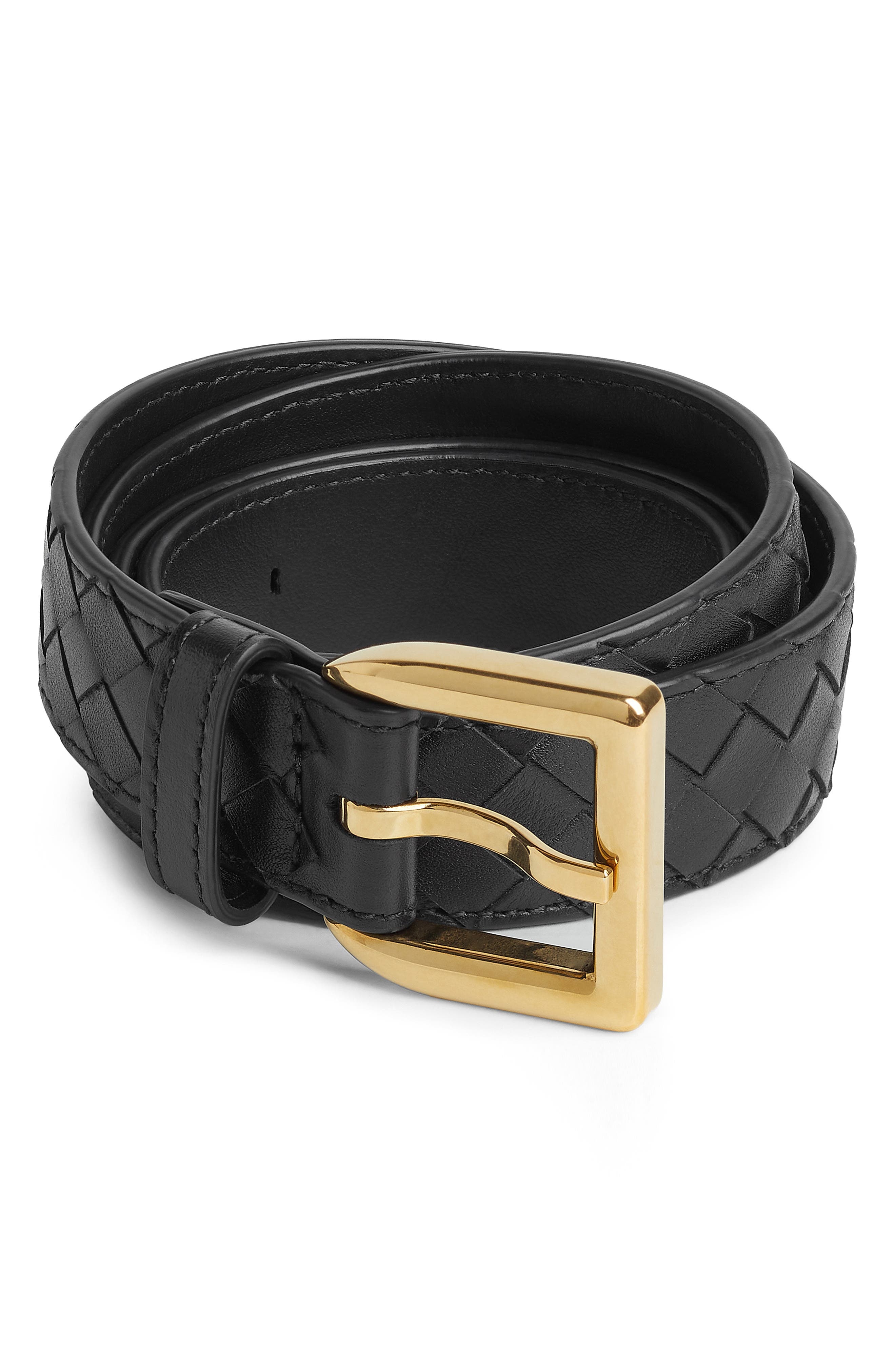 Bottega Veneta Cintura Intrecciato Leather Belt in 1019 Black-M Brass at Nordstrom - 1