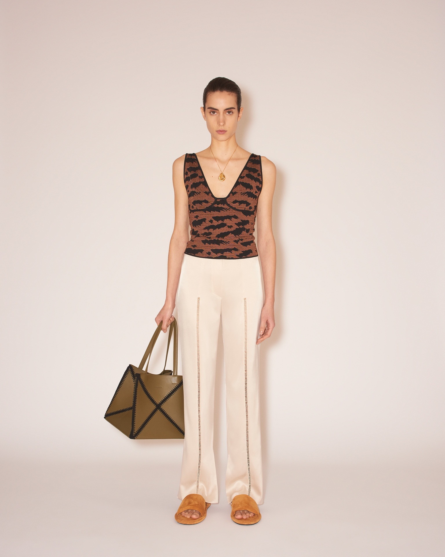 MIKKI - Slip satin ladder-stitch pants - Creme - 4
