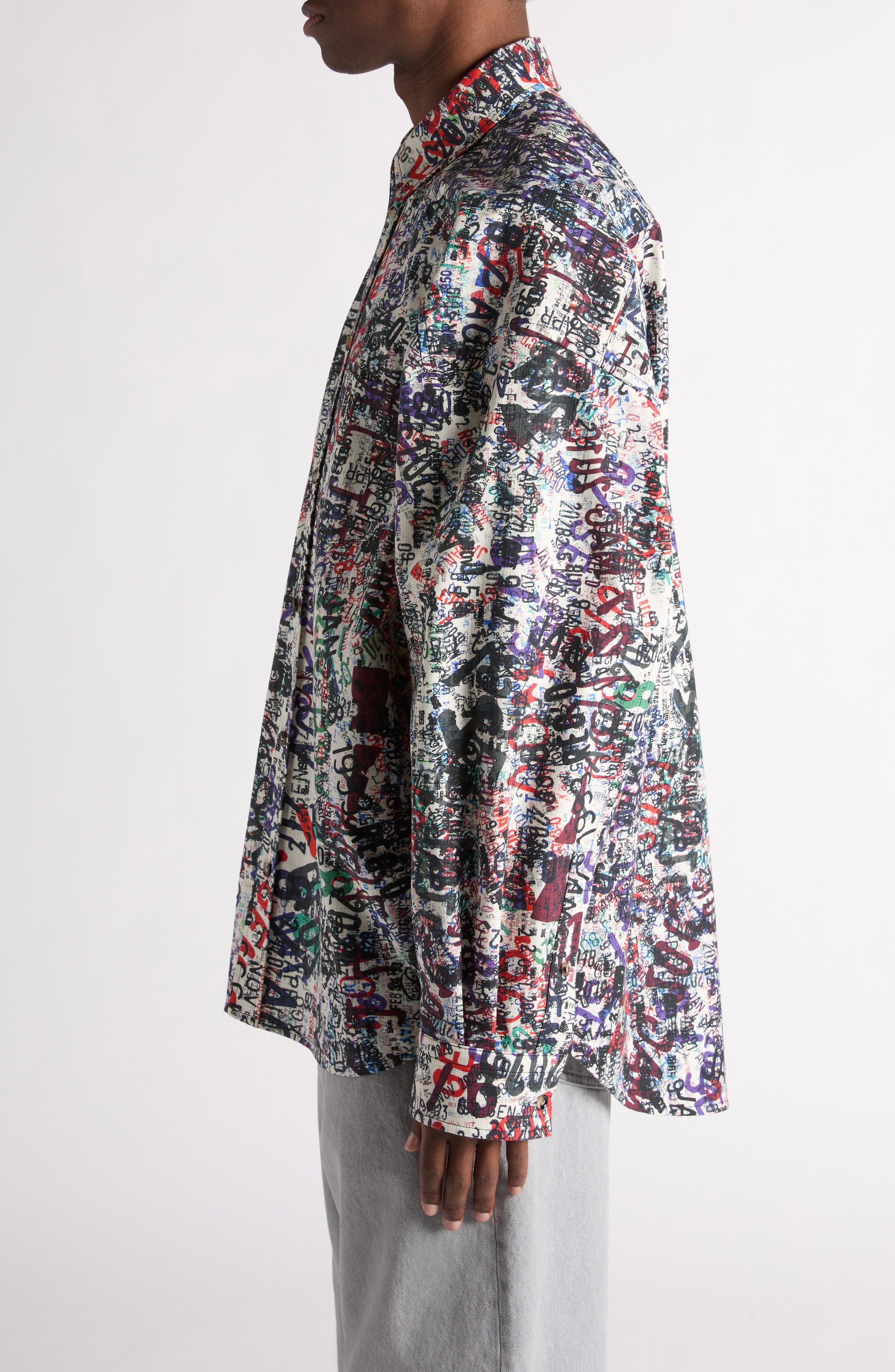 Bottega Veneta Memory Print Relaxed Fit Cotton & Wool Button-Up Shirt in 9173 Chalk/multicolour at N - 4