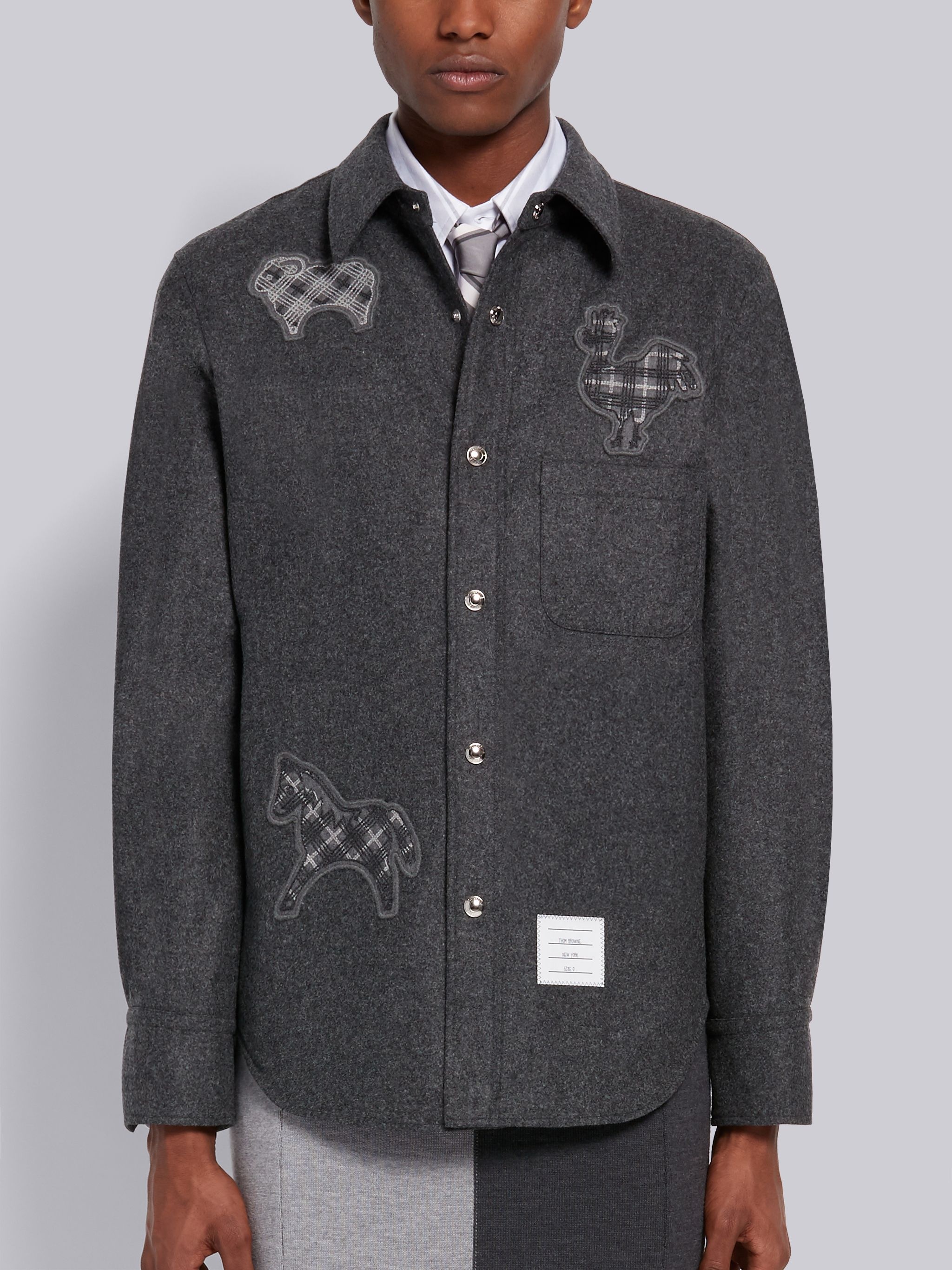 Dark Grey Wool Flannel Multi-Animal Icon Snap Front Shirt Jacket - 1