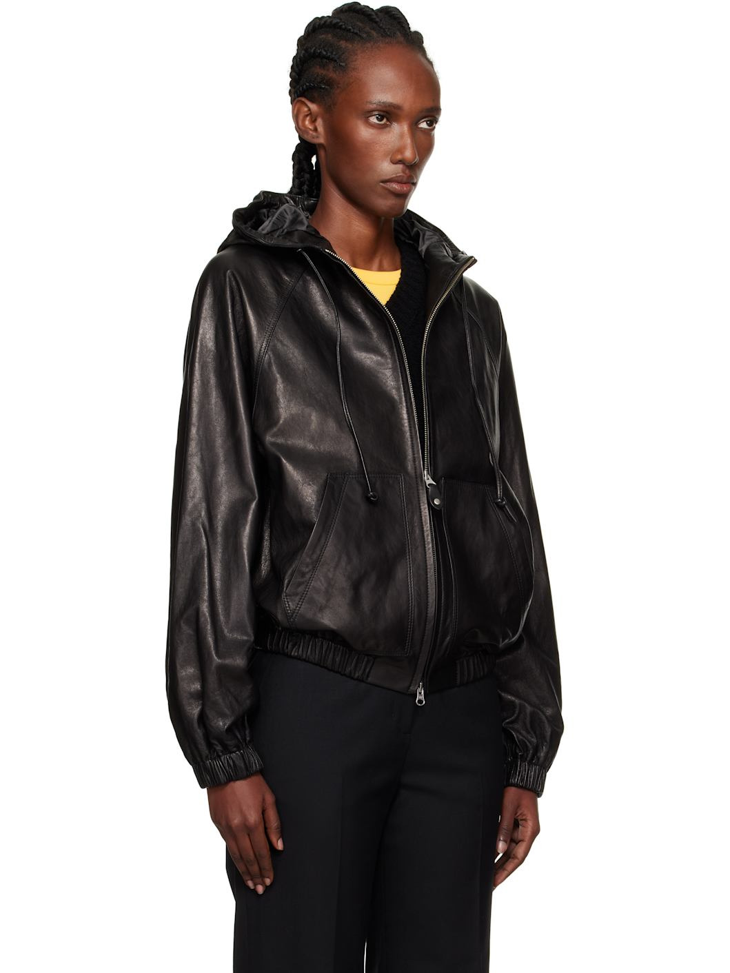 Black Hooded Leather Blouson Jacket - 2