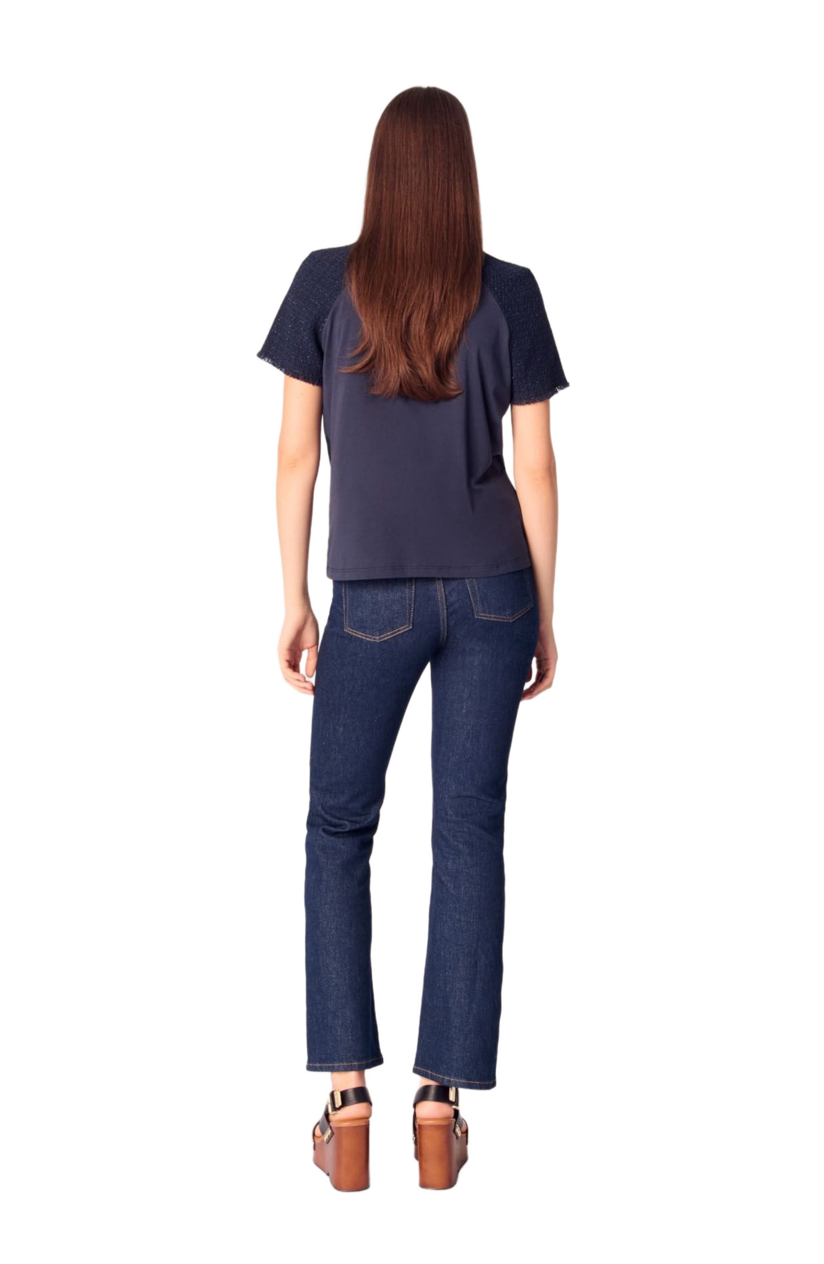 maje Tweed-sleeved T-shirt in Navy at Nordstrom - 3
