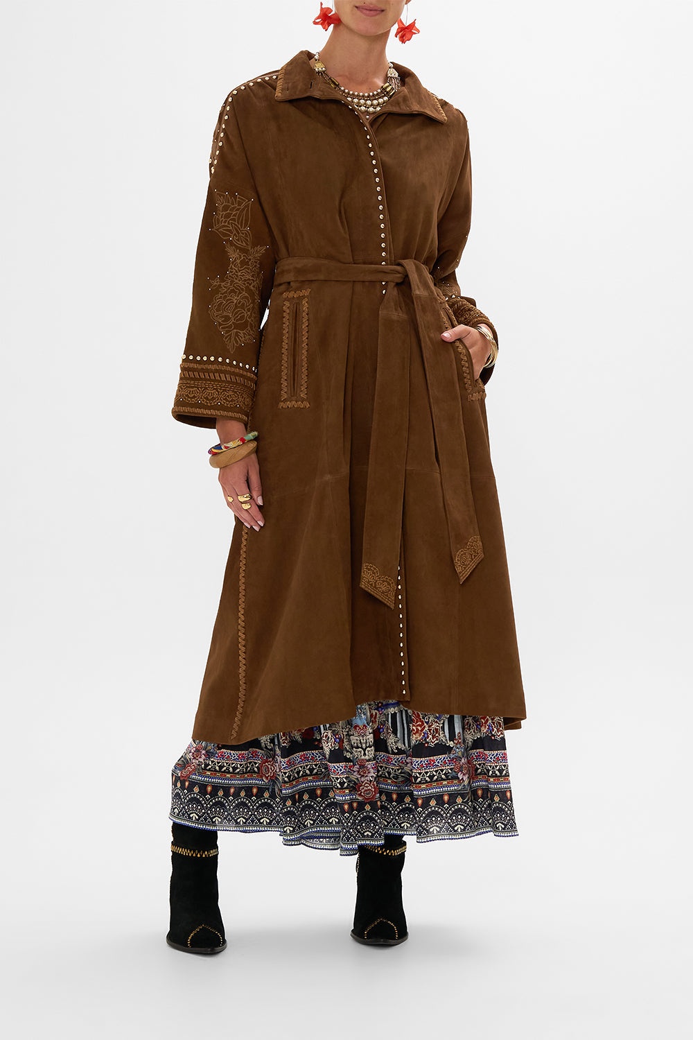 EMBROIDERED LONG SUEDE COAT - 2